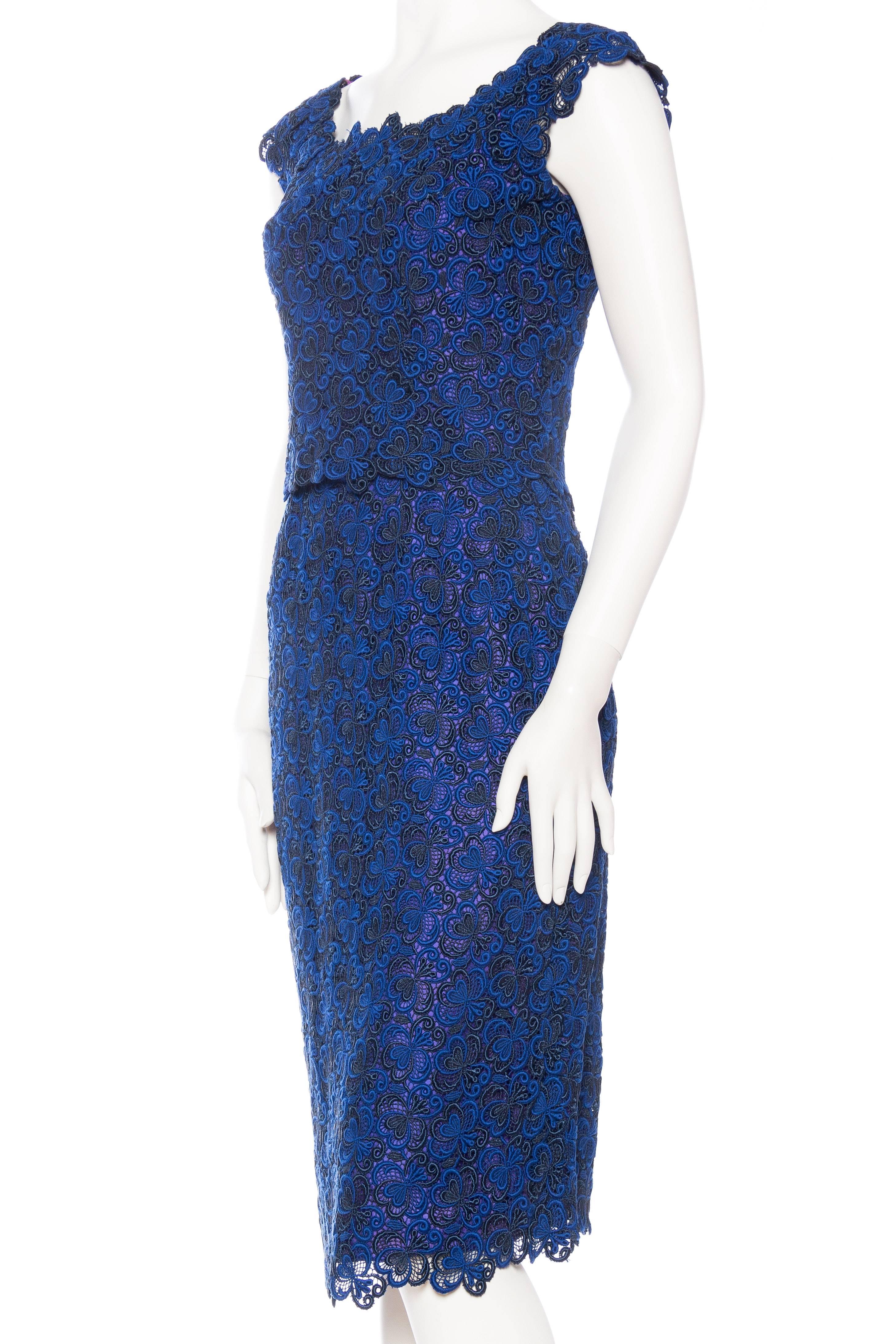 Purple 1950S Black & Sapphire Blue  Rayon Lace Cocktail Dress For Sale