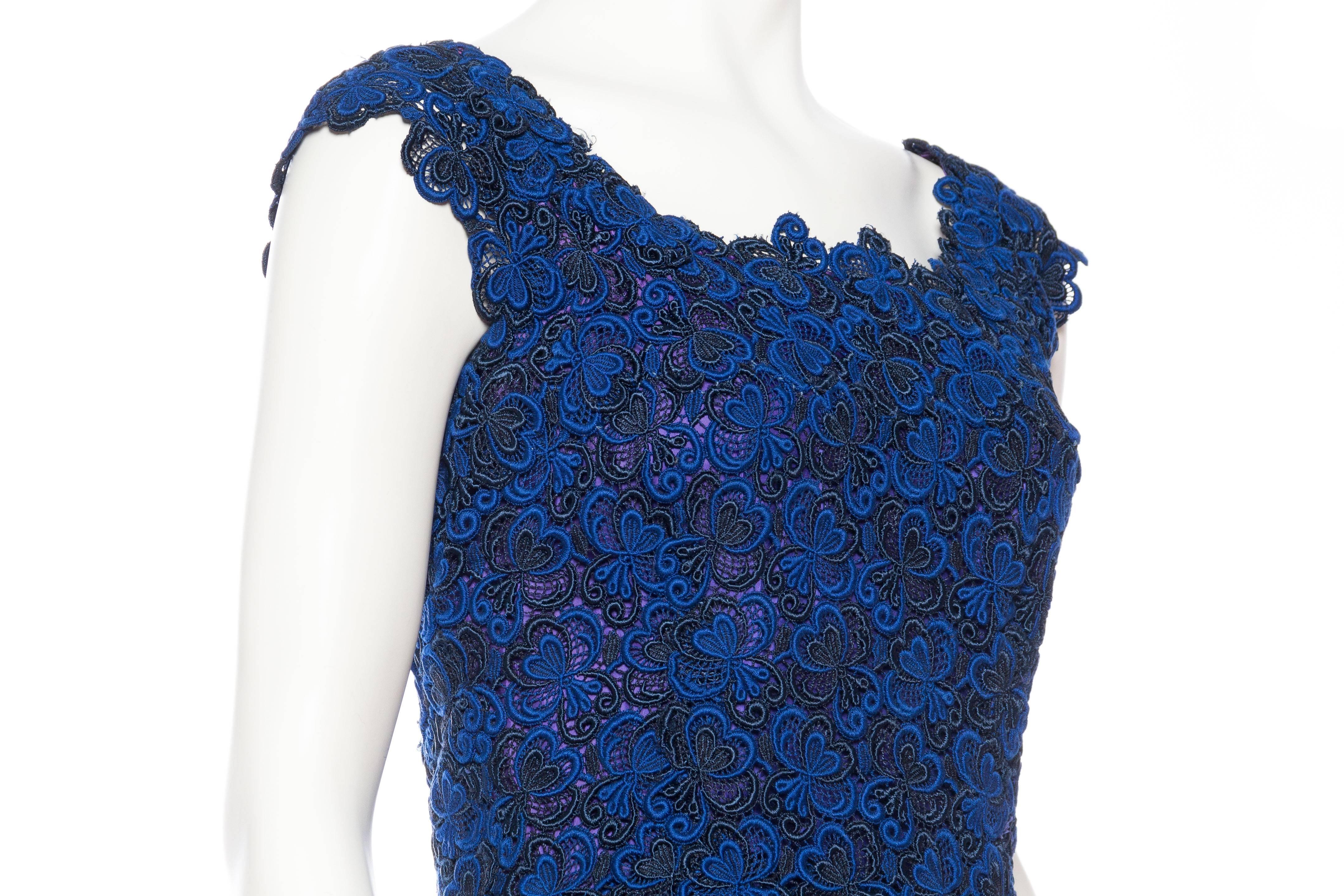 Women's 1950S Black & Sapphire Blue  Rayon Lace Cocktail Dress For Sale