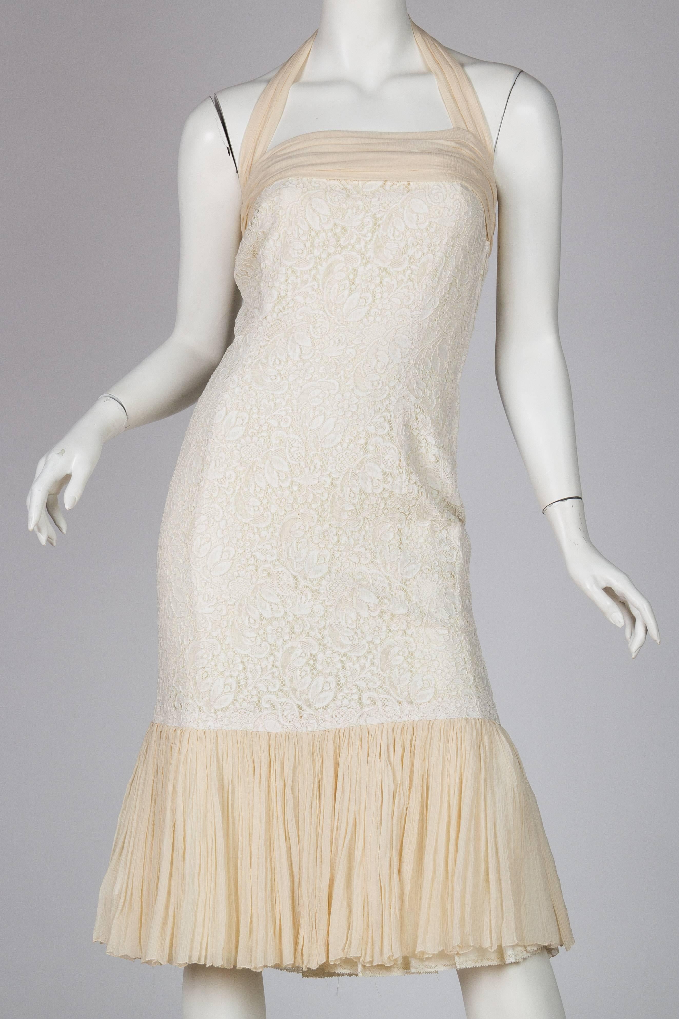 1950S Off White Rayon & Silk Lace Chiffon Fitted Little Cocktail Dress