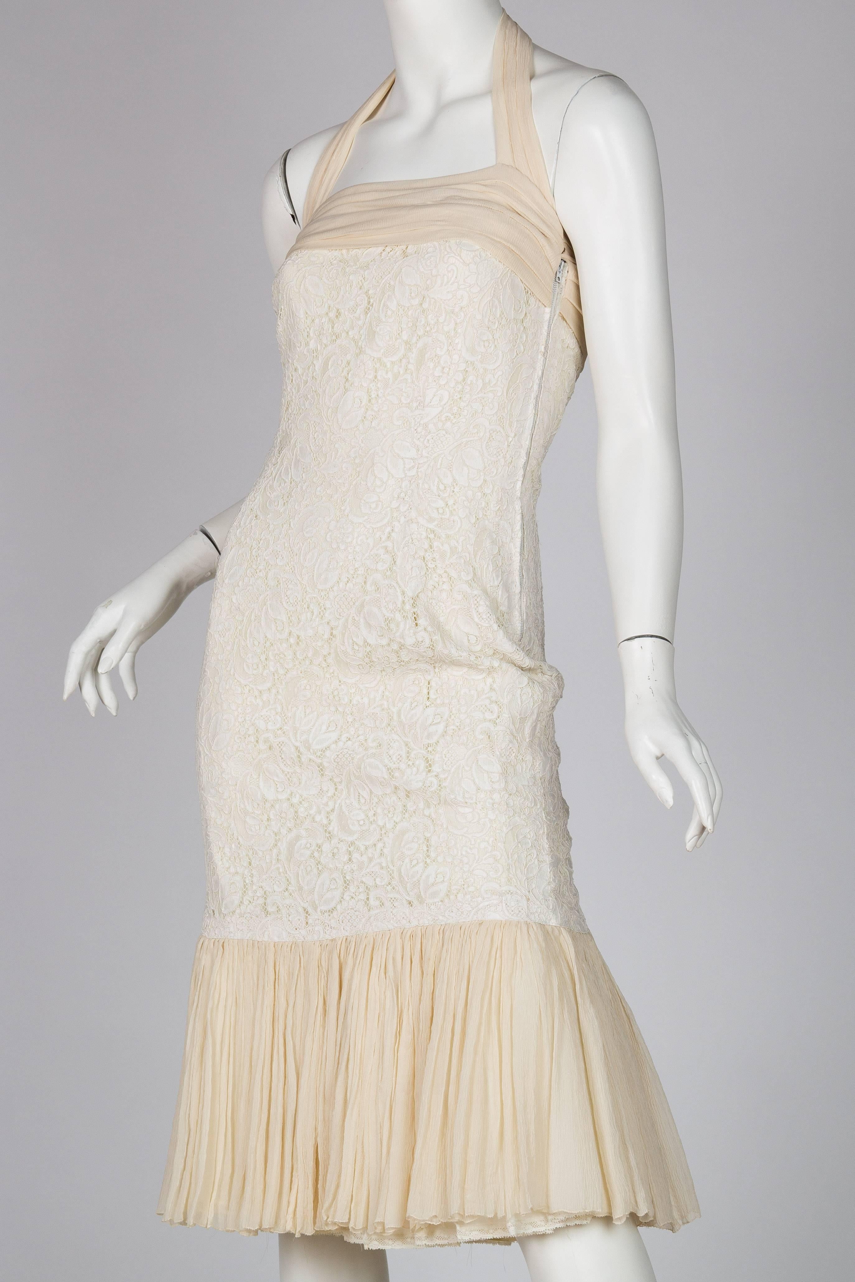 Women's 1950S Off White Rayon & Silk Lace Chiffon Fitted Little Cocktail Dress For Sale