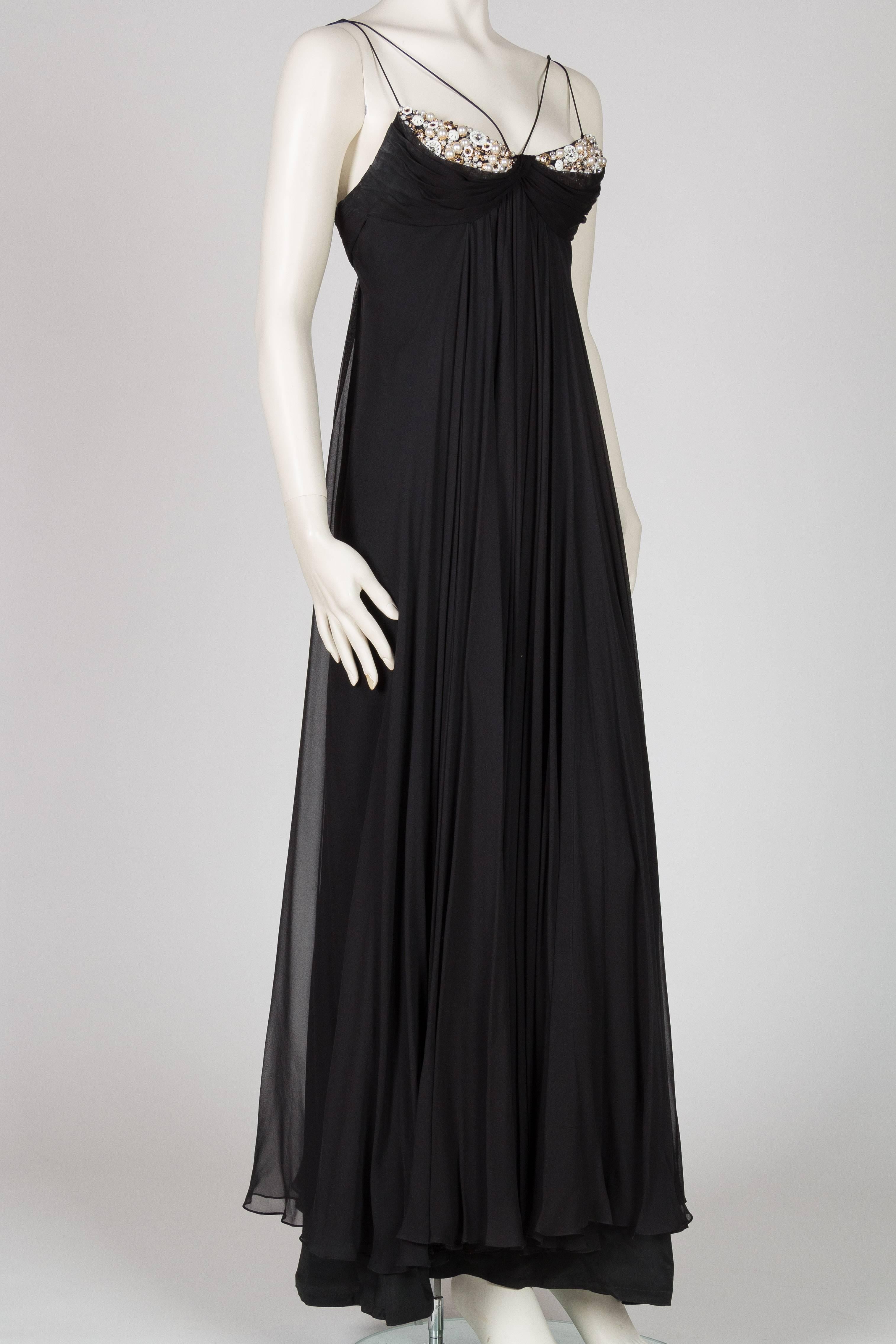 Black 1970s Alfred Bosand Beaded Silk Chiffon Gown with Cape