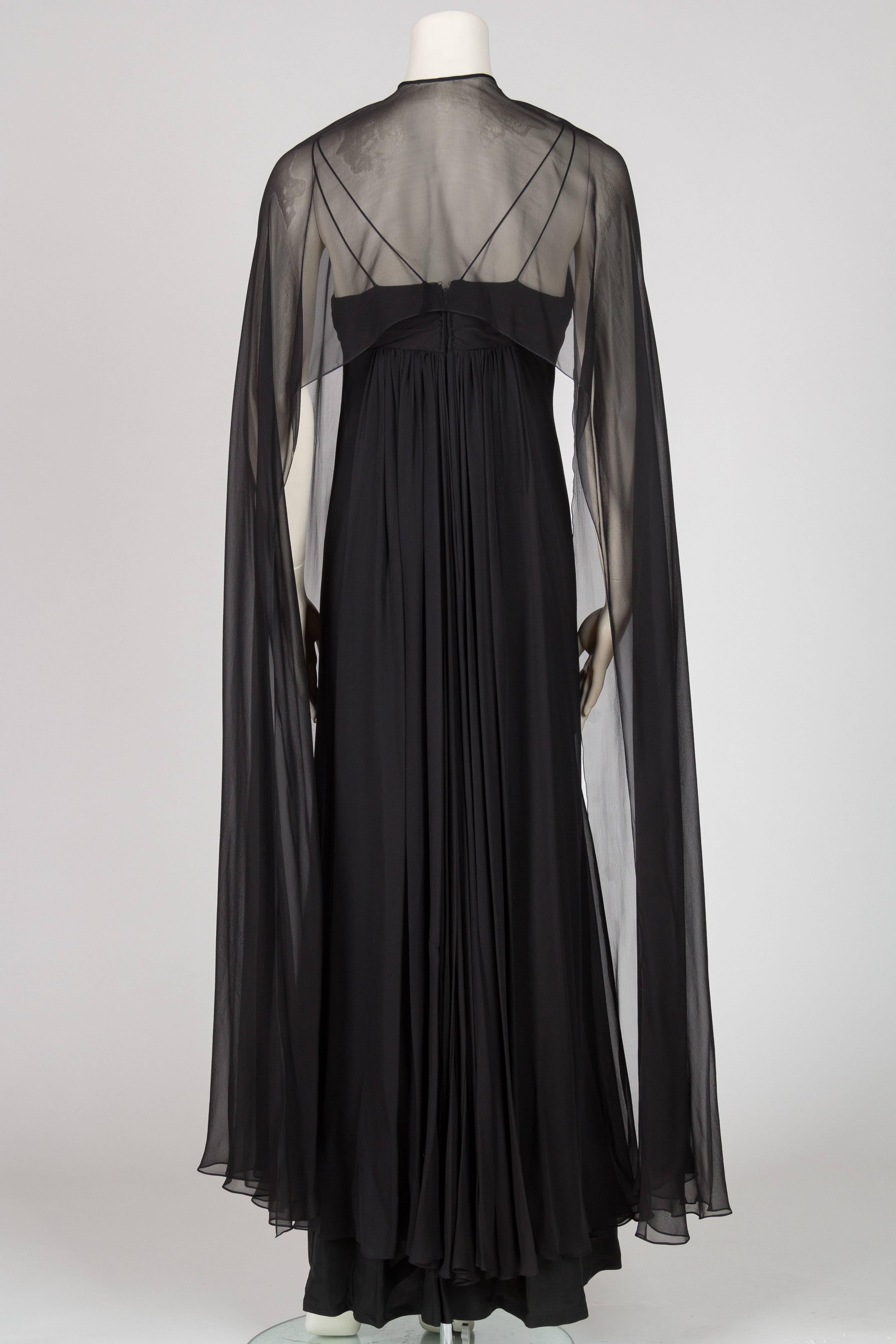 1970s Alfred Bosand Beaded Silk Chiffon Gown with Cape 1