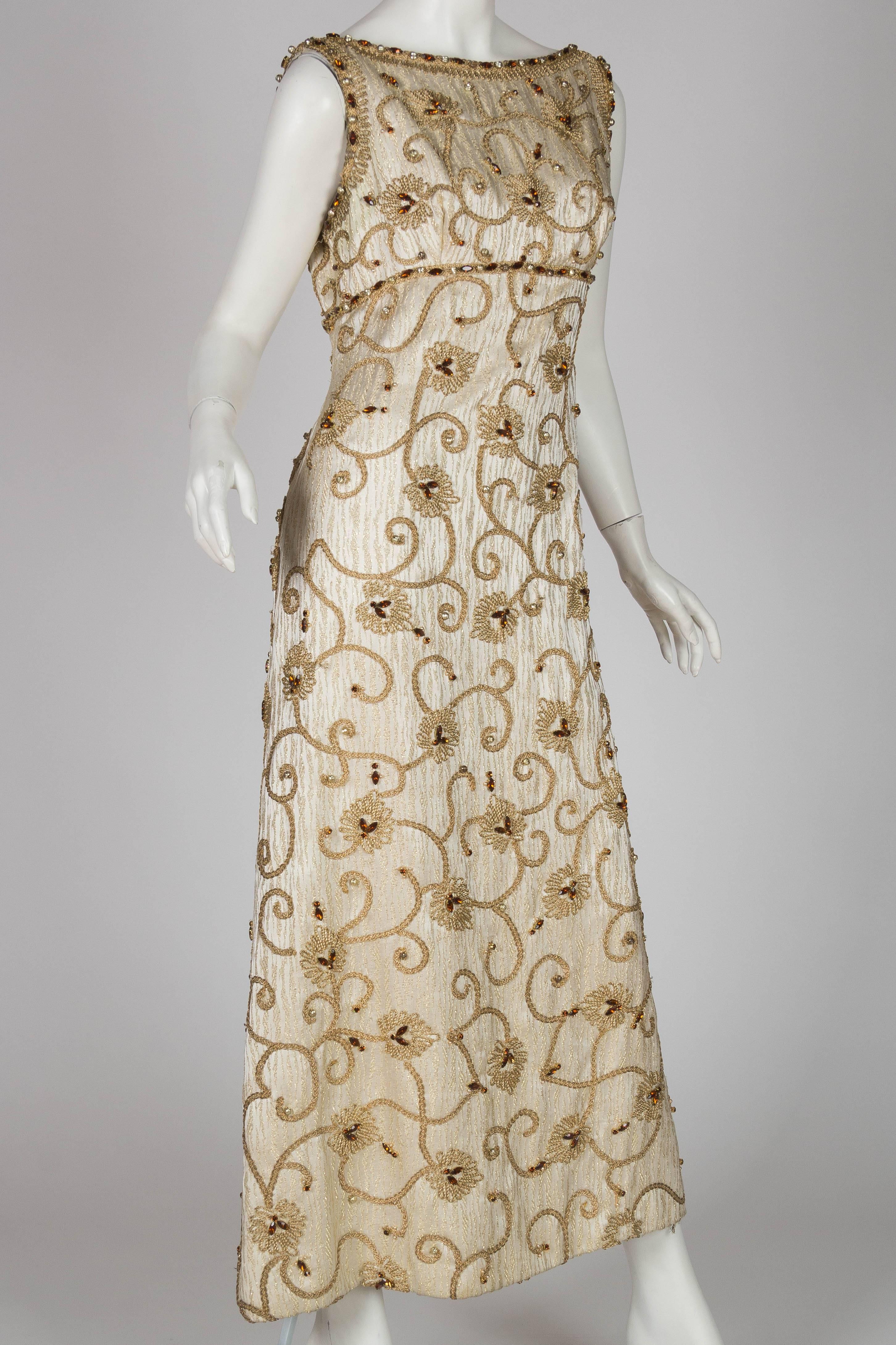 Women's 1960S Gold Lamé Rayon Blend Jacquard Gown With Embroidered Rope Vines & Crystal For Sale