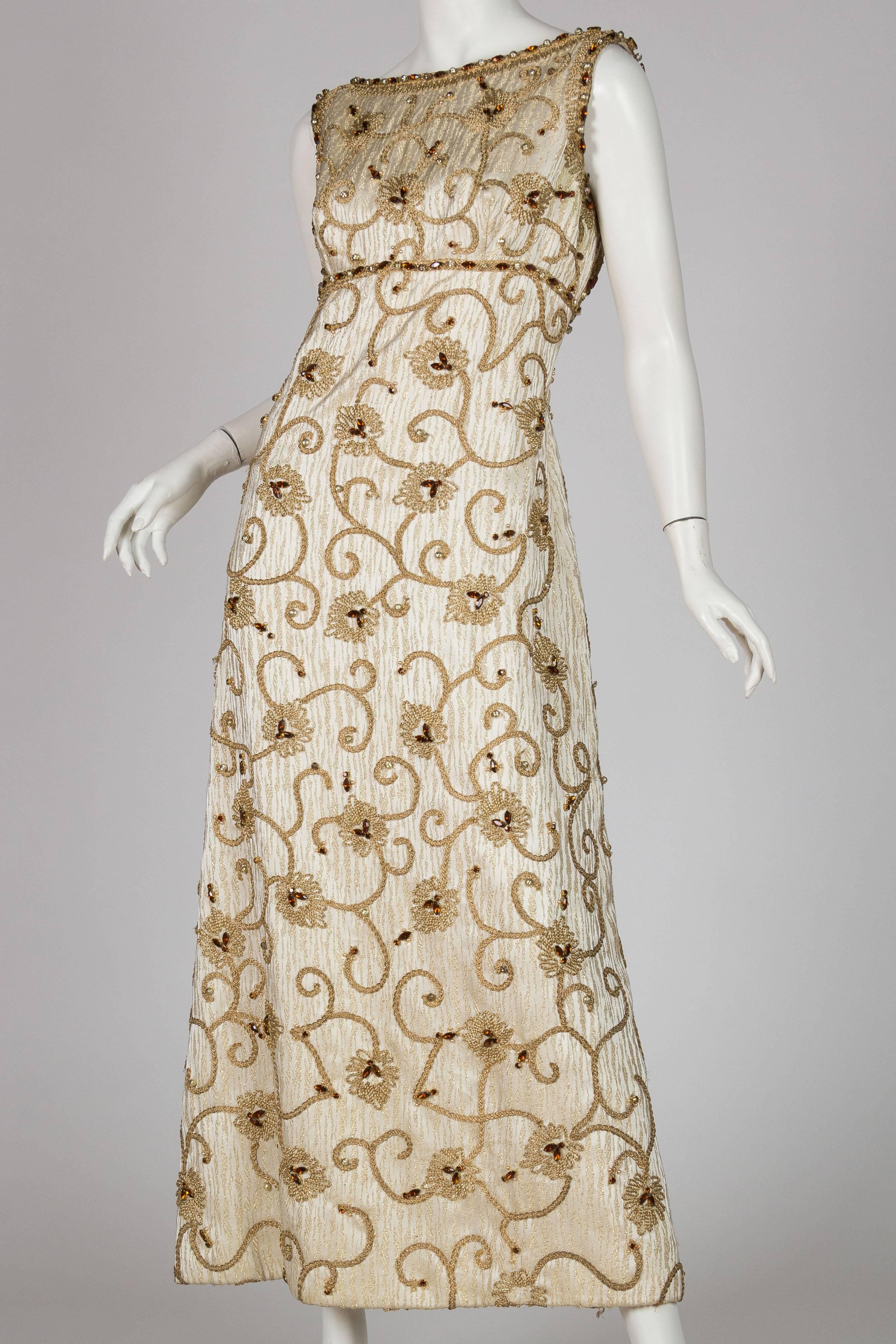 1960S Gold Lamé Rayon Blend Jacquard Gown With Embroidered Rope Vines & Crystal For Sale 1