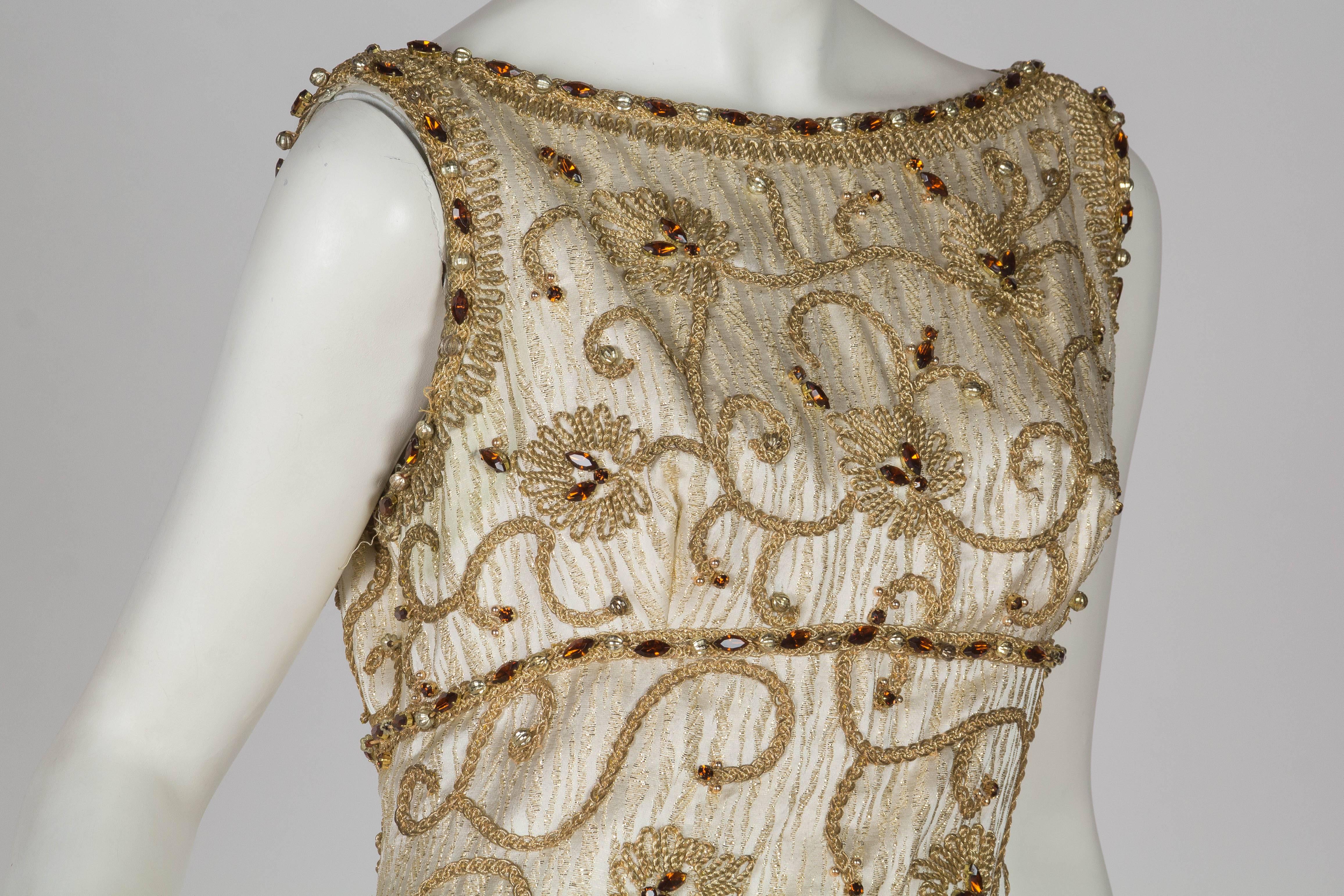 1960S Gold Lamé Rayon Blend Jacquard Gown With Embroidered Rope Vines & Crystal For Sale 3