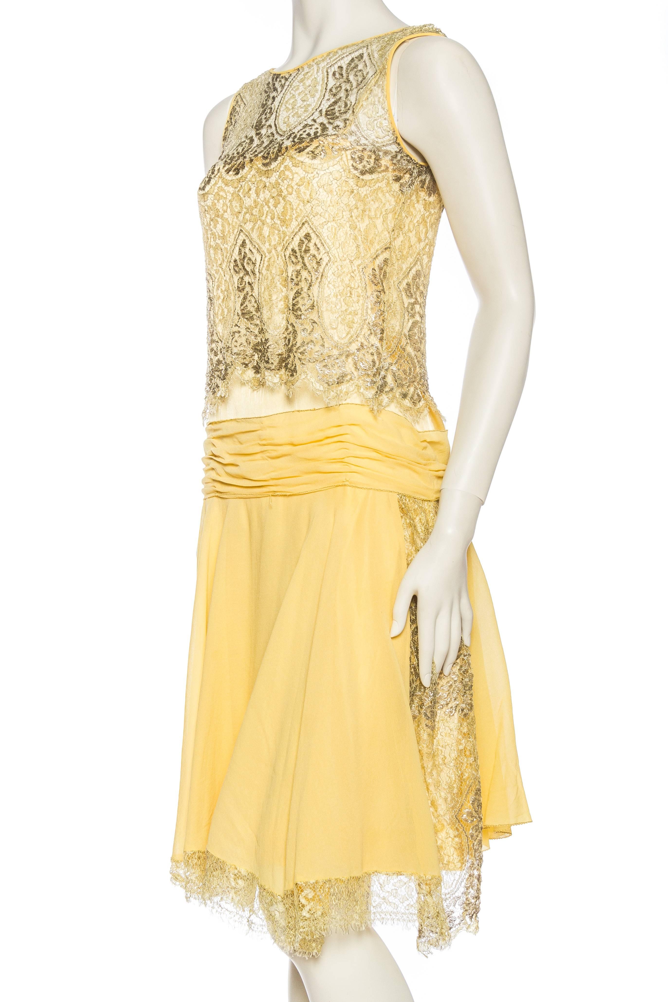 Orange 1920S Yellow Silk Chiffon & Silver Lamé Lace Flapper Cocktail Dress For Sale