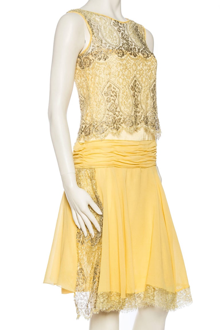 1920S Yellow Silk Chiffon and Silver Lamé Lace Flapper Cocktail Dress For  Sale at 1stDibs | yellow cocktail dress, 1920 chiffon dress, yellow chiffon  dress