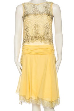 1920S Yellow Silk Chiffon & Silver Lamé Lace Flapper Cocktail Dress