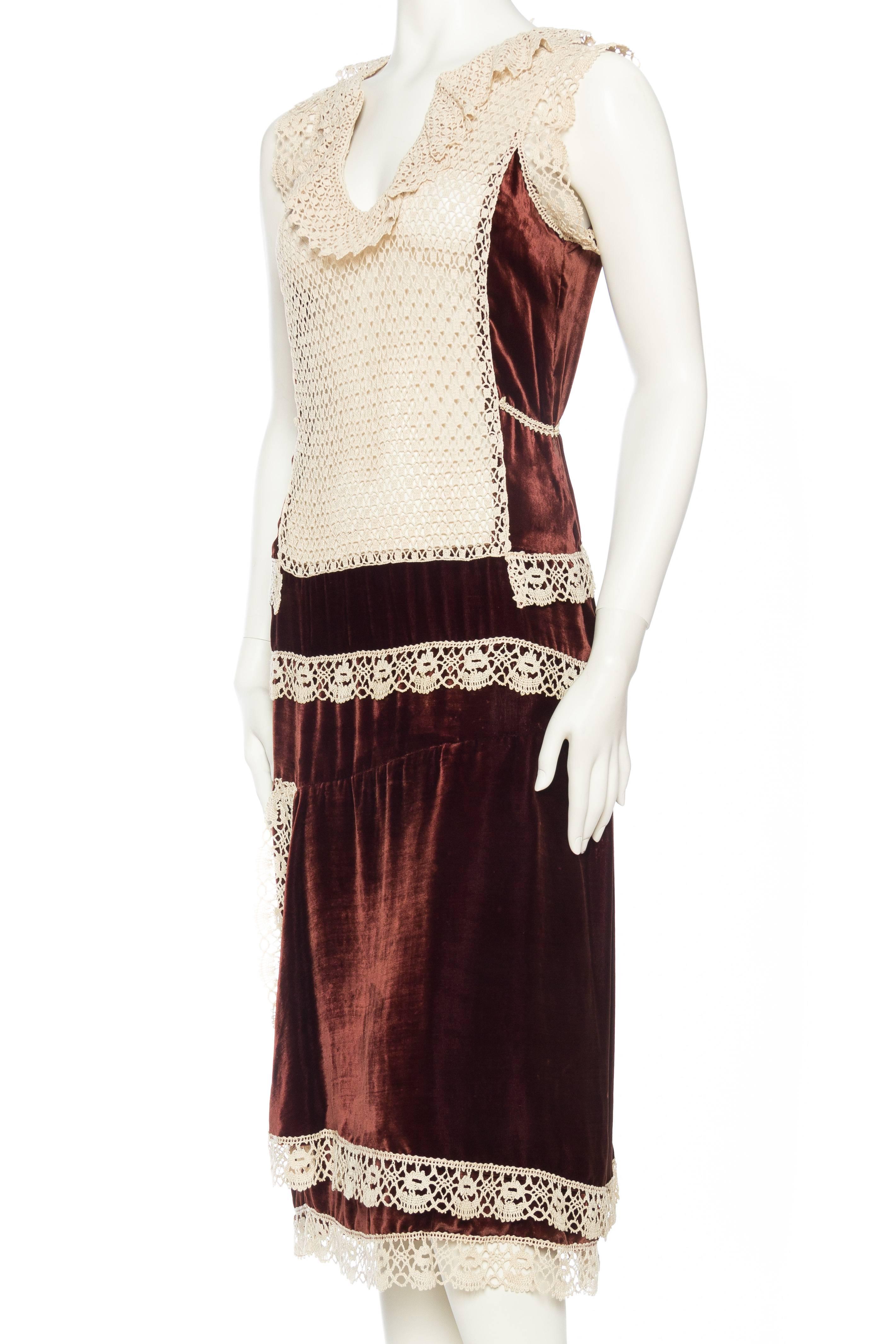 Women's 1920s Silk Velvet Dress with Hand Crochet Lace