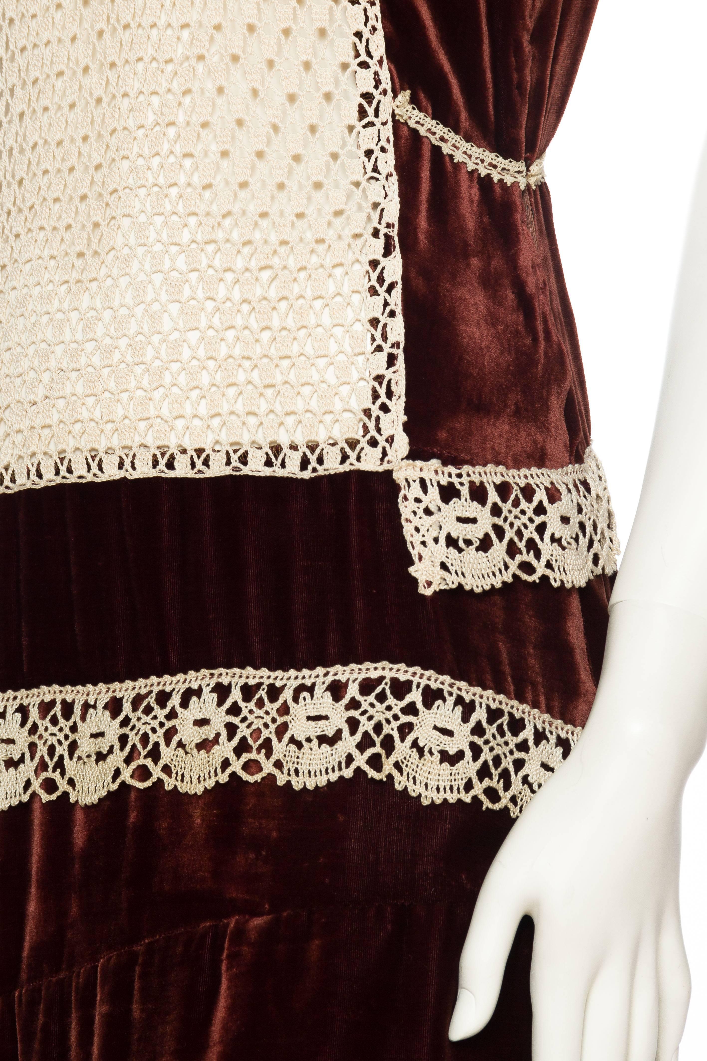 1920s Silk Velvet Dress with Hand Crochet Lace 5