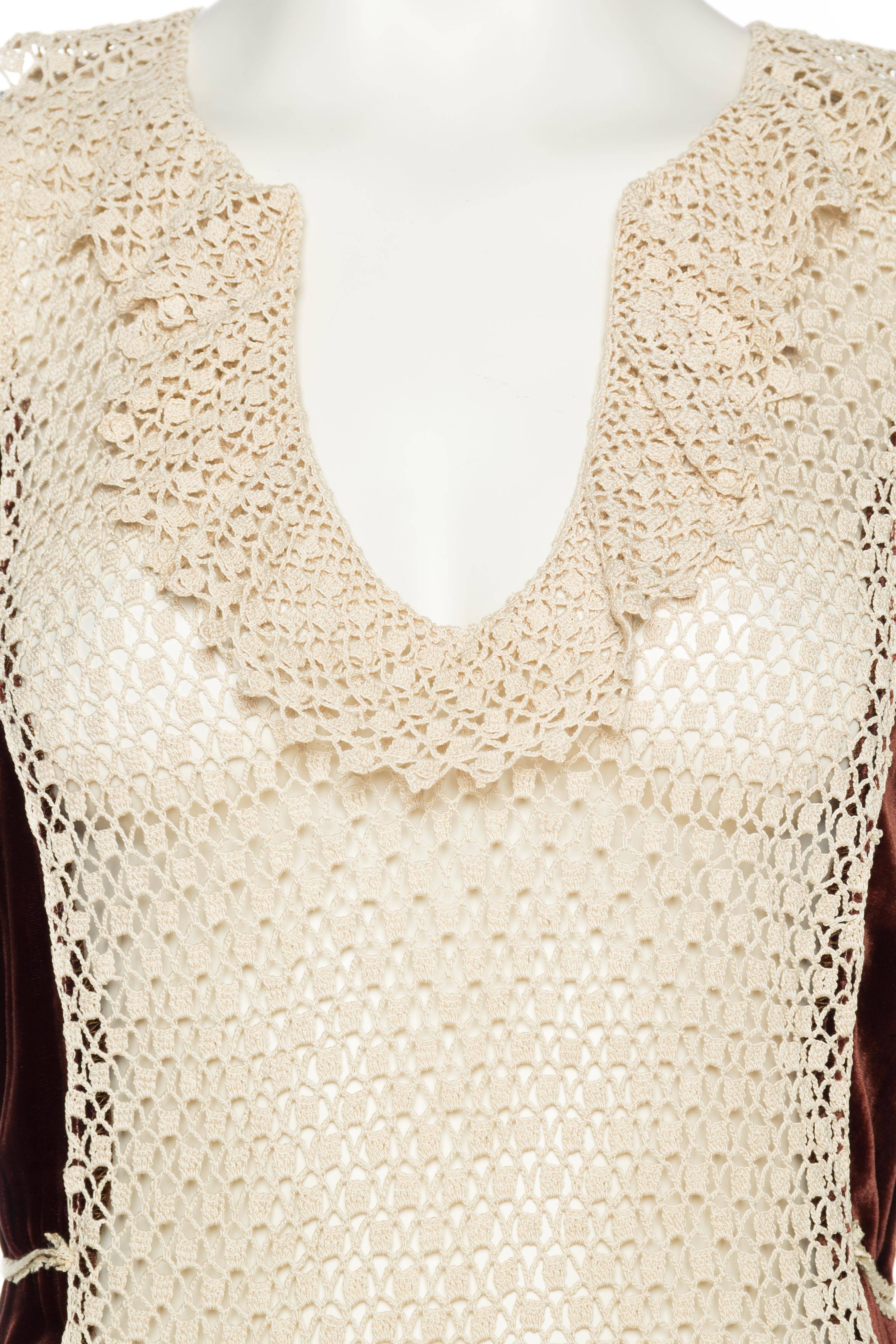1920s Silk Velvet Dress with Hand Crochet Lace 4