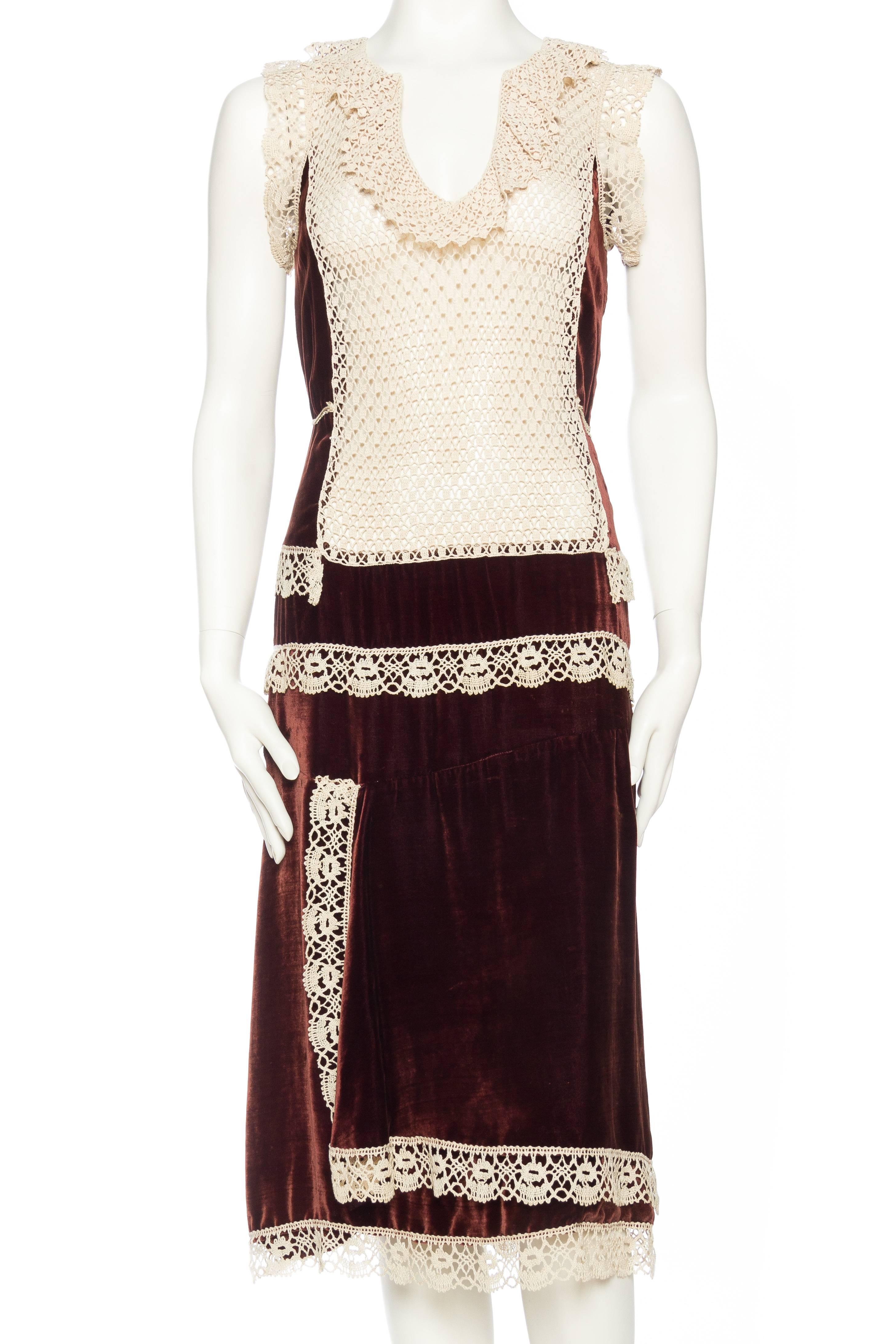 A flattering and fun design from the 1920s of lace and velvet. Lace is sheer down the front so a slip is suggested. 