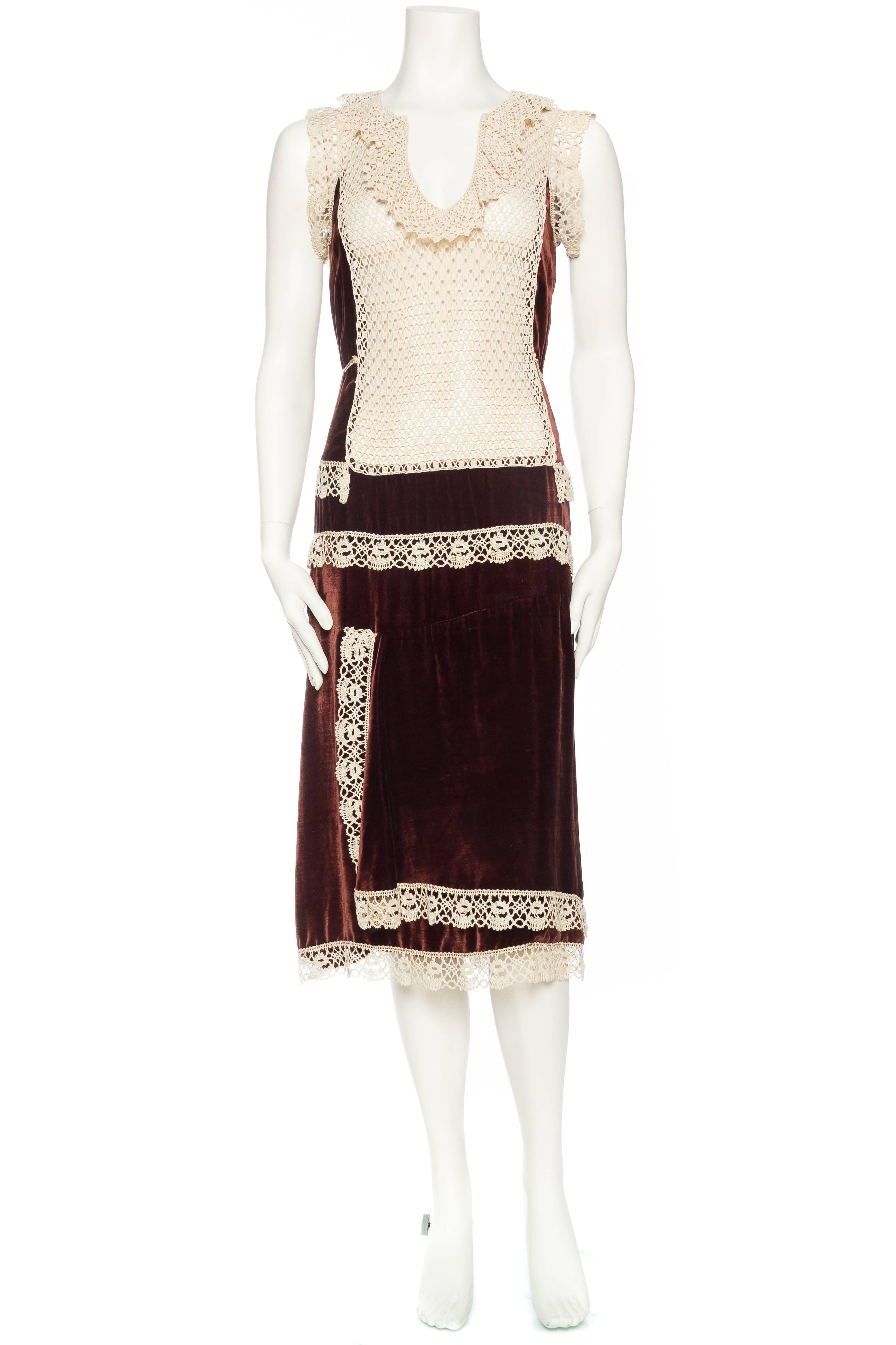 Black 1920s Silk Velvet Dress with Hand Crochet Lace