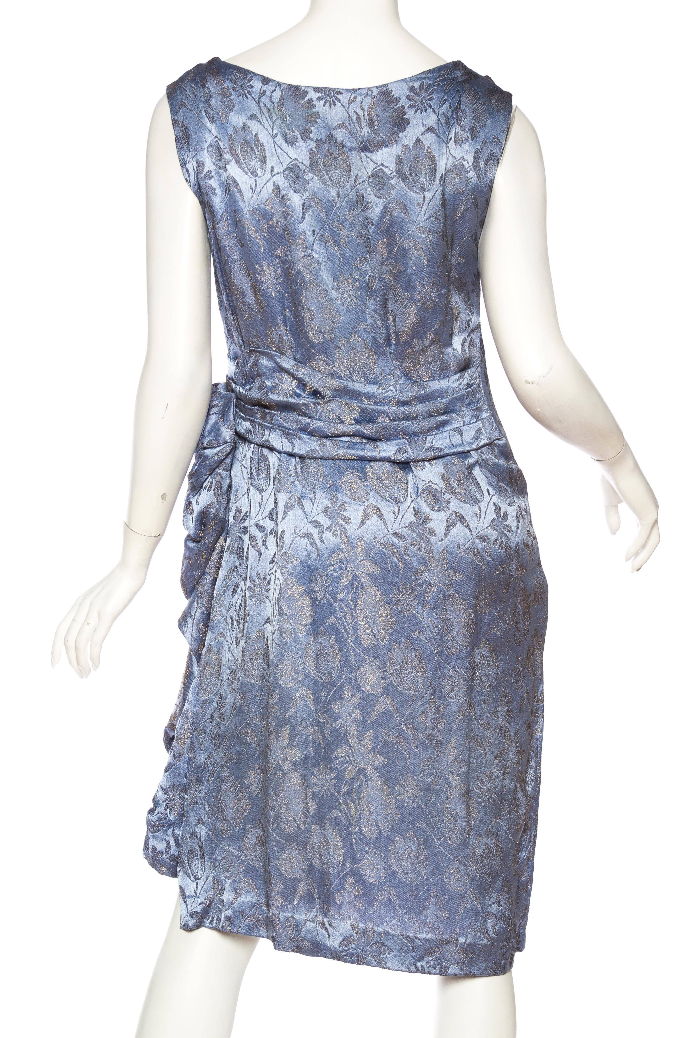 Women's 1920S Blue Silk & Silver Floral Lamé Draped Cocktail Dress For Sale