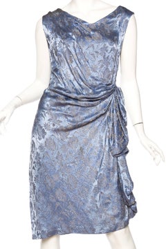 1920S Blue Silk & Silver Floral Lamé Draped Cocktail Dress