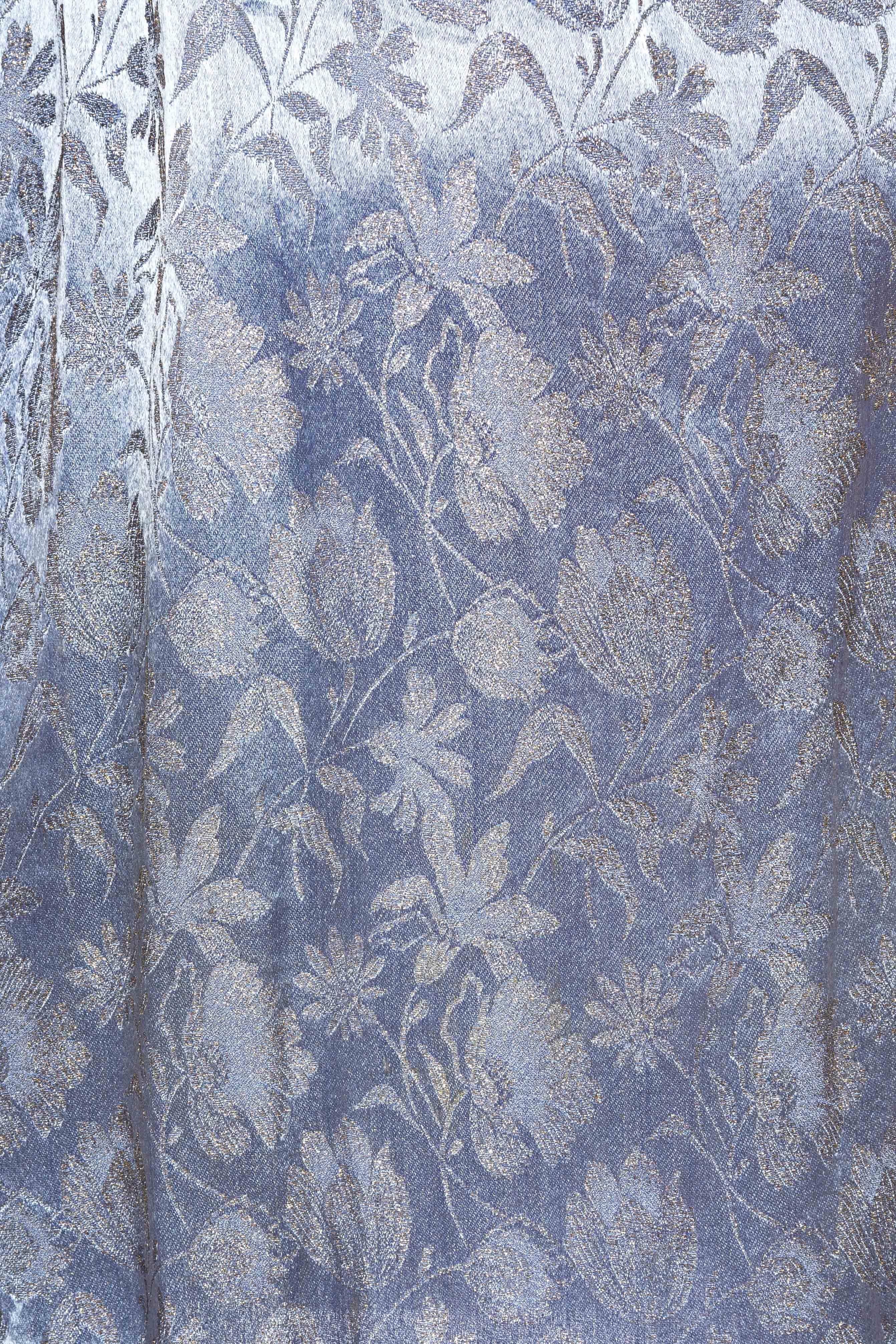1920S Blue Silk & Silver Floral Lamé Draped Cocktail Dress For Sale 4