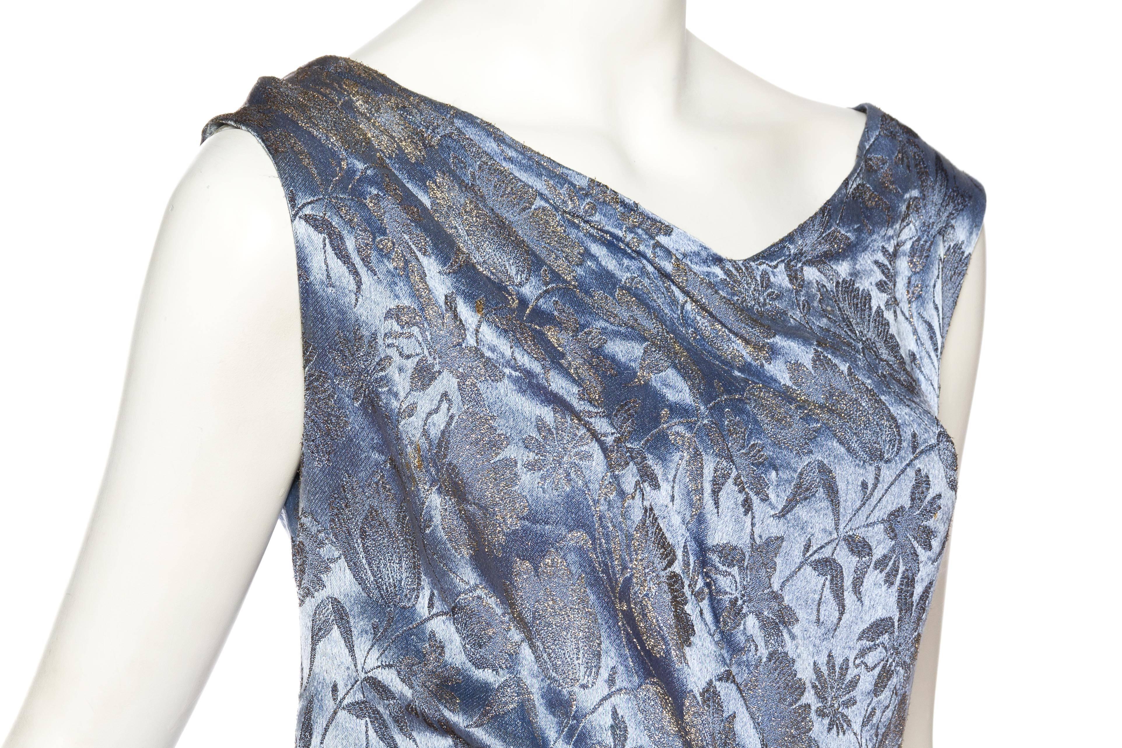 1920S Blue Silk & Silver Floral Lamé Draped Cocktail Dress For Sale 1