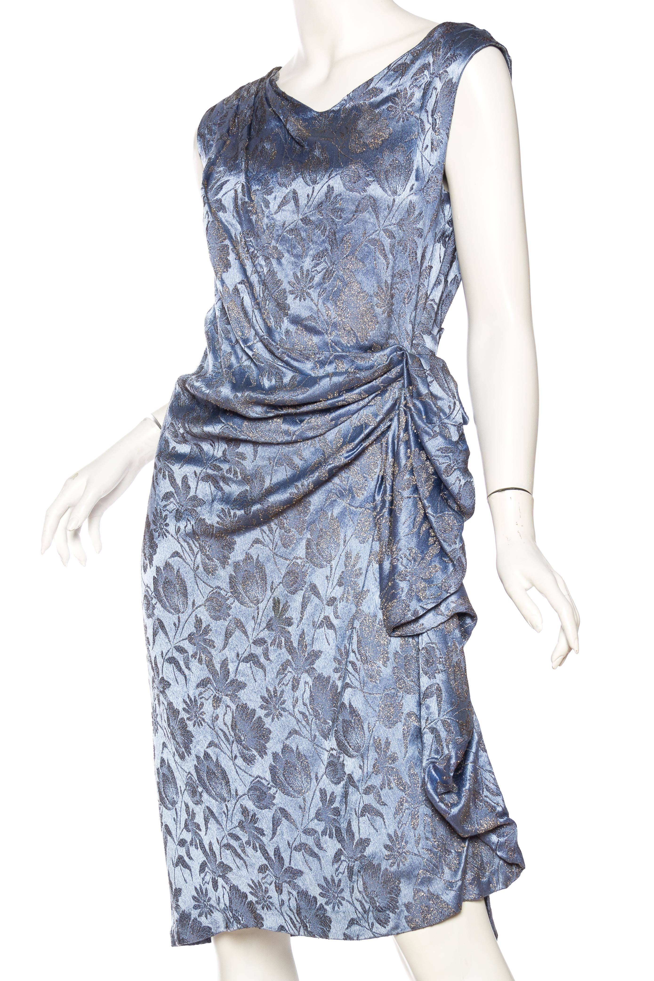 1920S Blue Silk & Silver Floral Lamé Draped Cocktail Dress In Excellent Condition For Sale In New York, NY