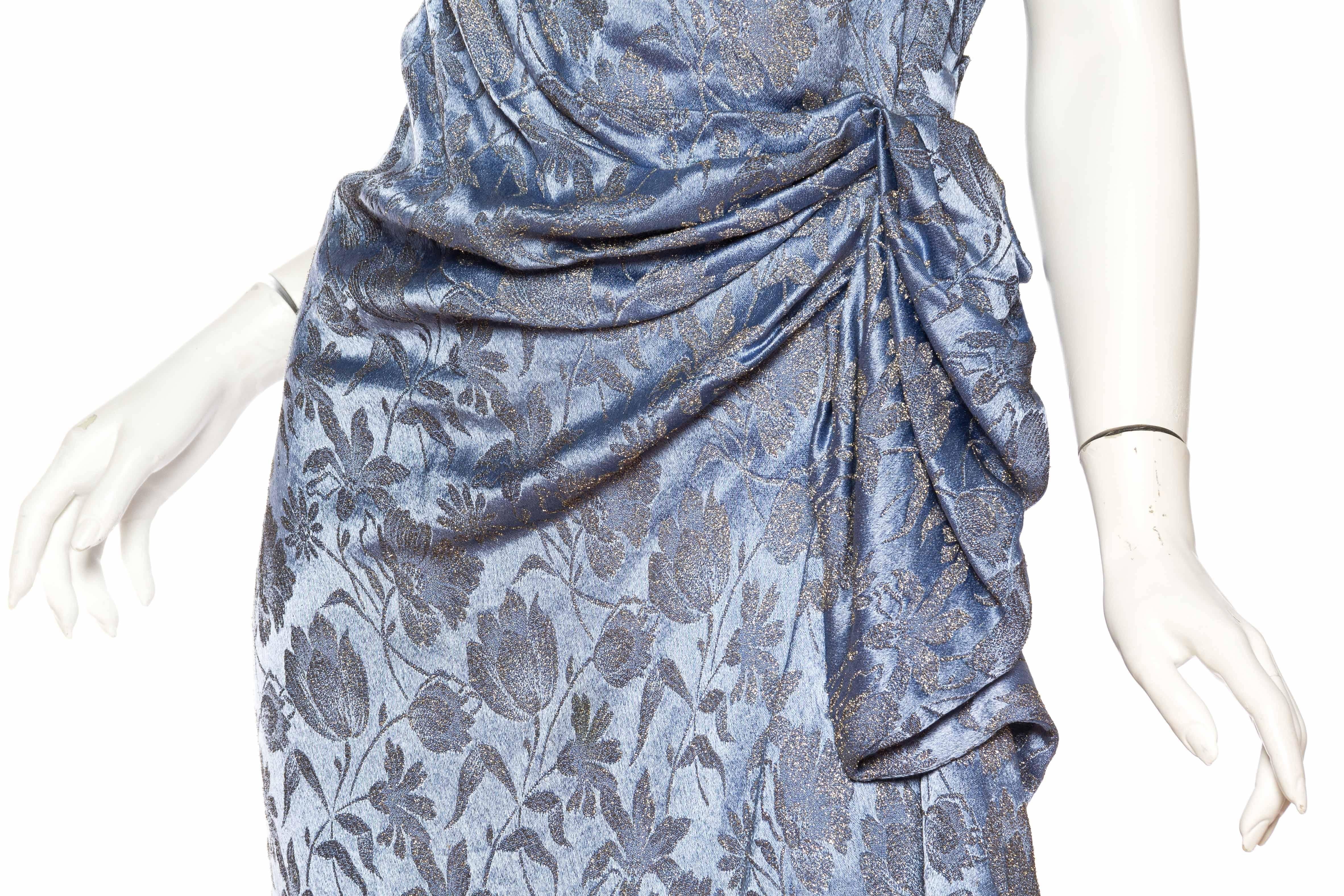 1920S Blue Silk & Silver Floral Lamé Draped Cocktail Dress For Sale 2