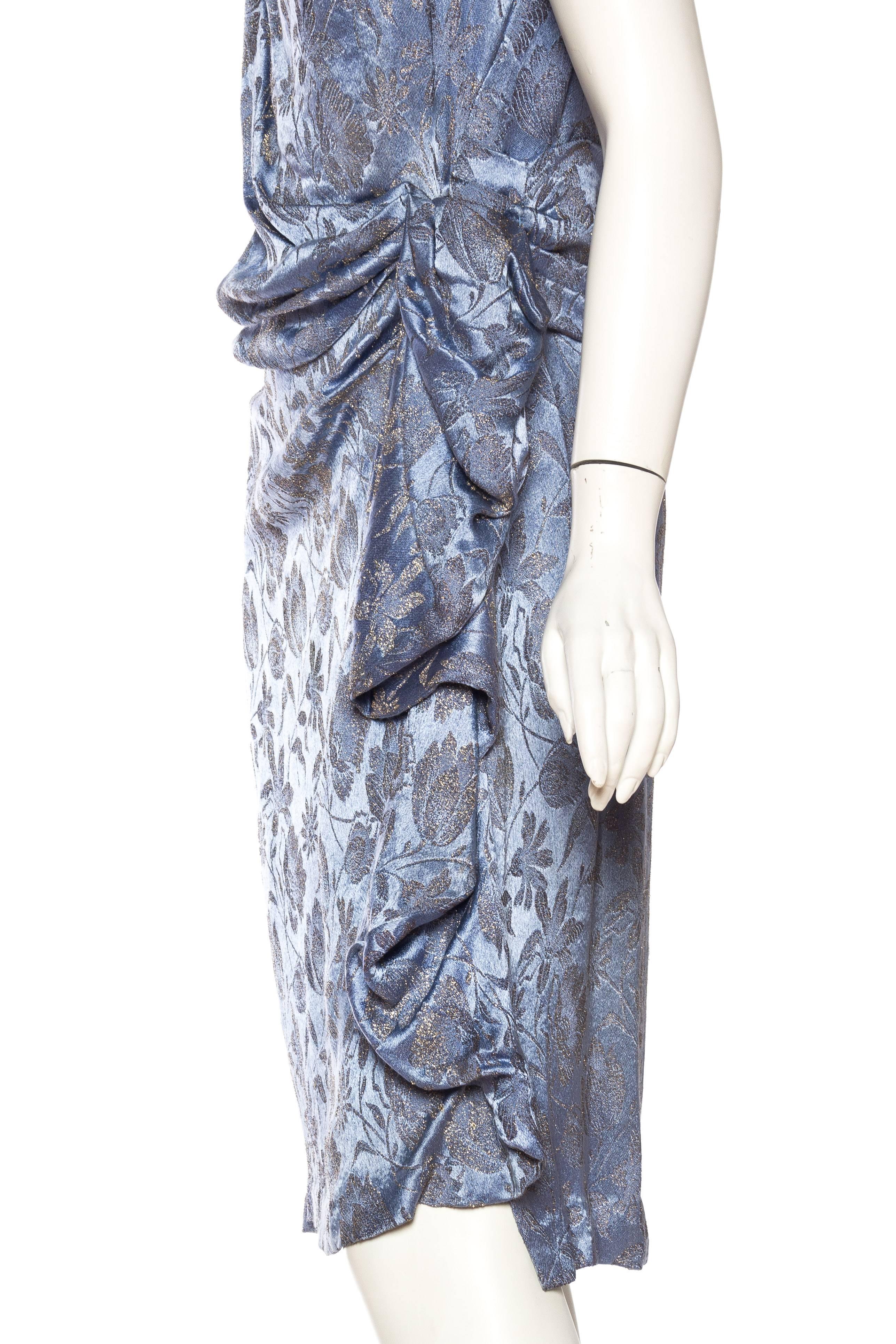 1920S Blue Silk & Silver Floral Lamé Draped Cocktail Dress For Sale 3