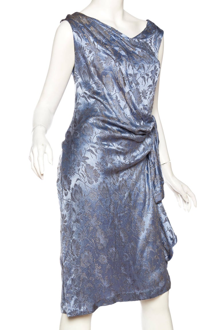 1920S Blue Silk and Silver Floral Lamé Draped Cocktail Dress For Sale ...