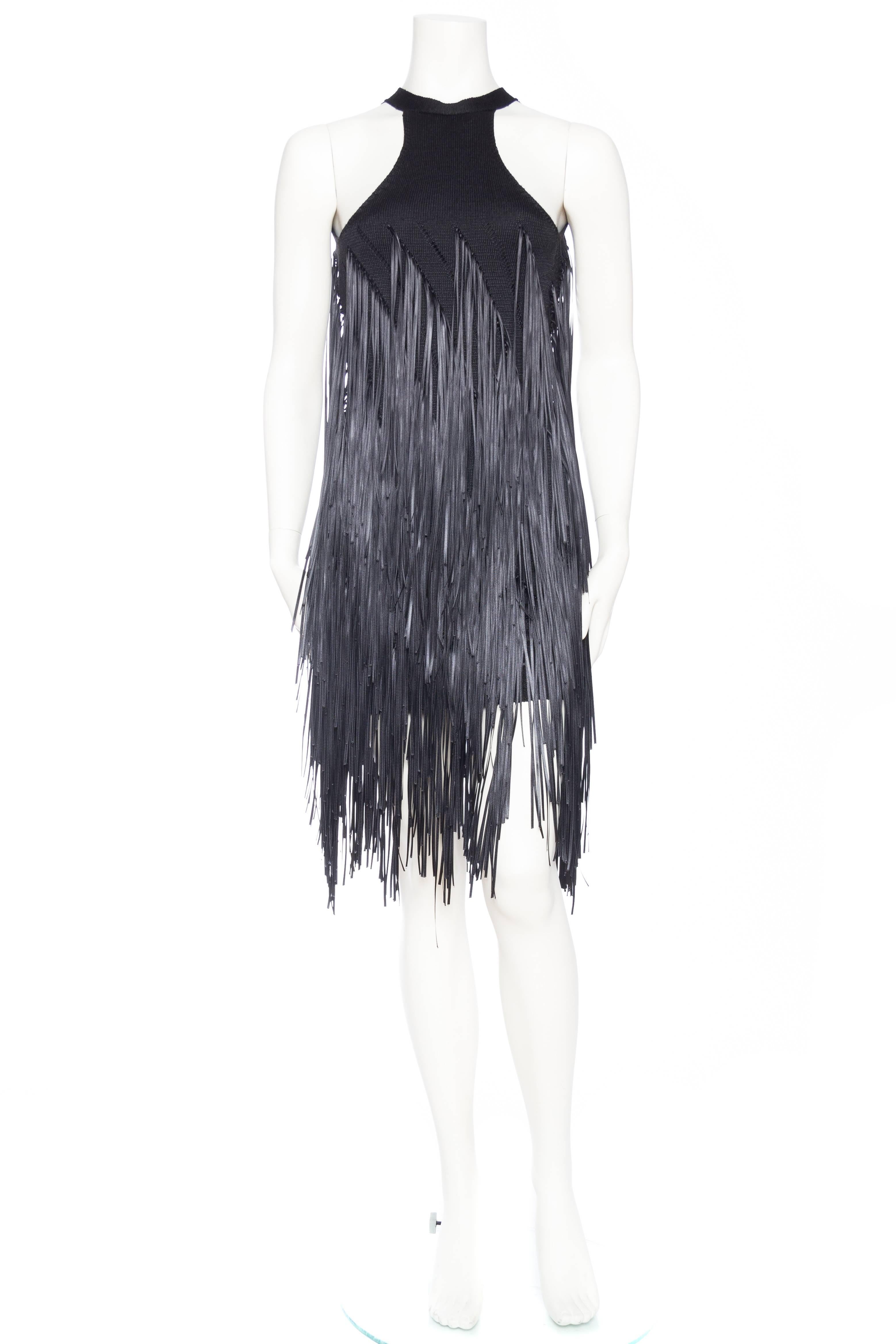 Black Backless Knit Dress with Ribbon Fringe