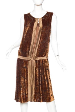 1920S Caramel Brown Silk Floral Burnout Velvet Cocktail Dress