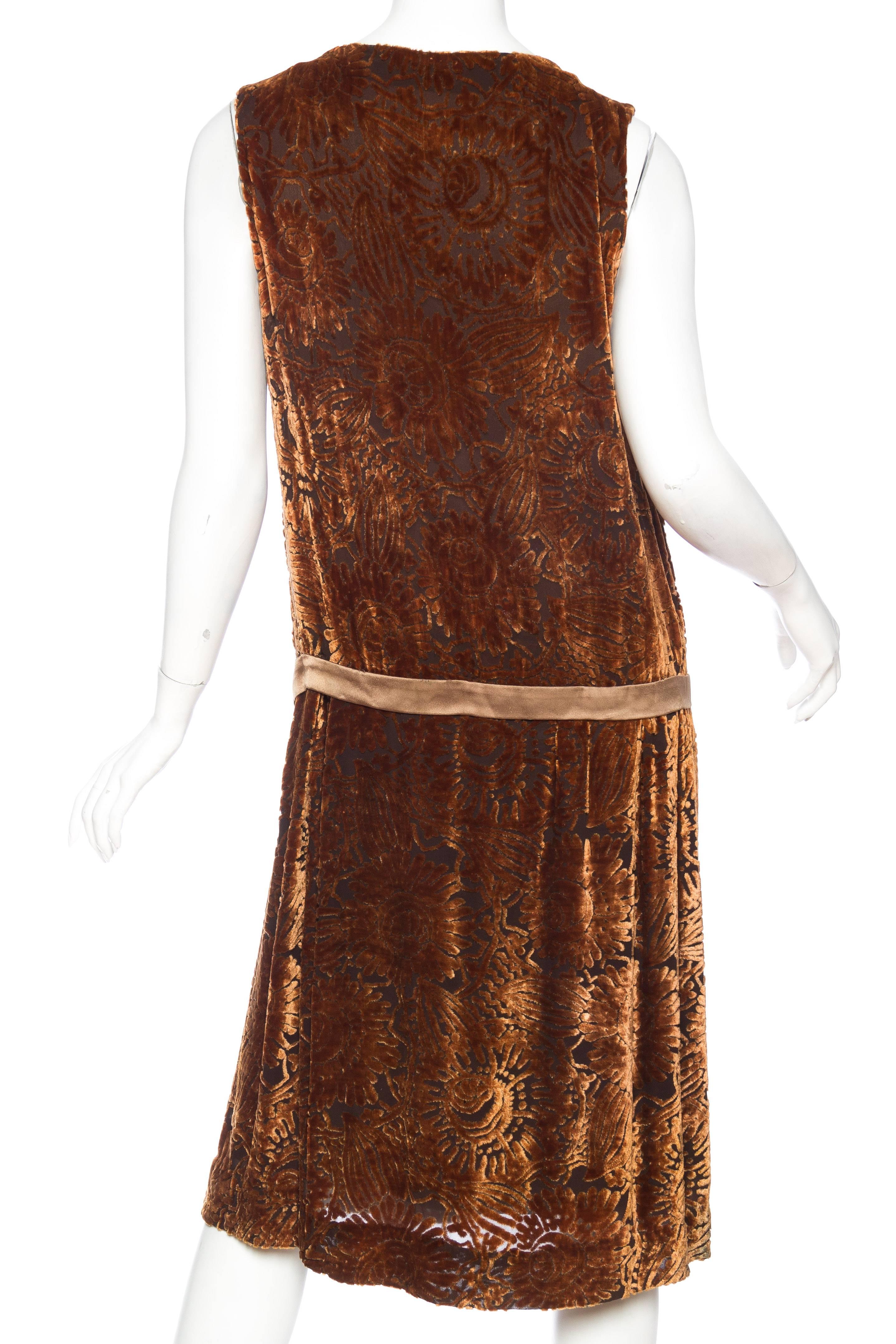 Women's 1920S Caramel Brown Silk Floral Burnout Velvet Cocktail Dress For Sale