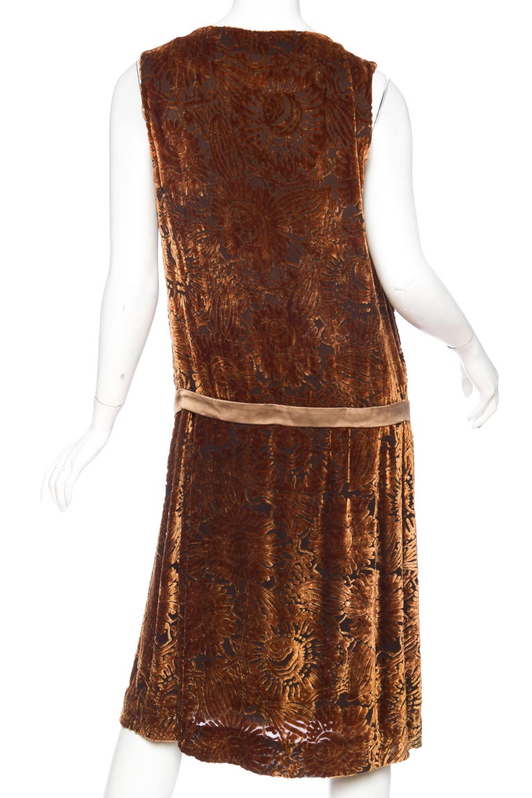 1920S Caramel Brown Silk Floral Burnout Velvet Cocktail Dress For Sale 3