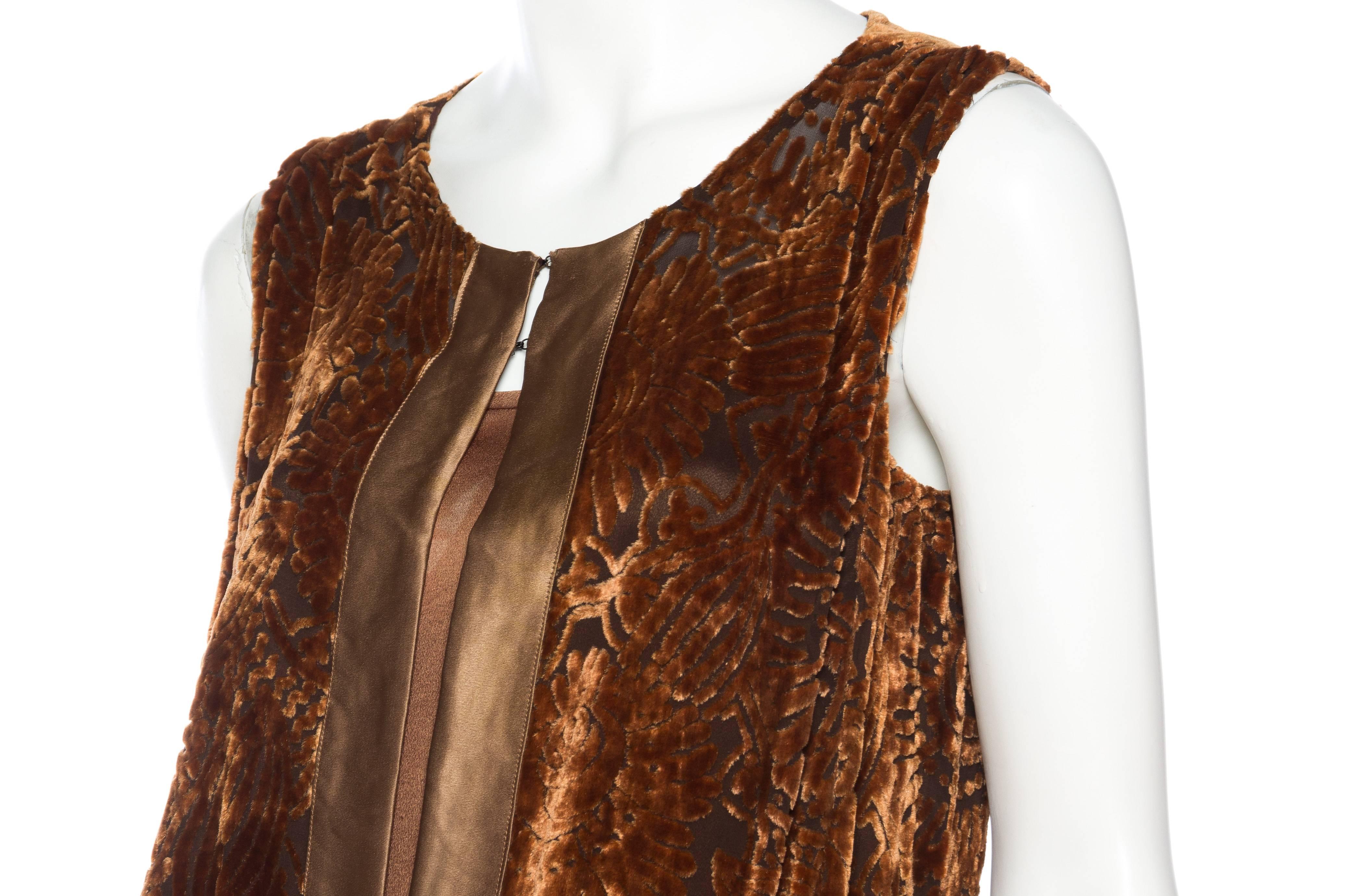 1920S Caramel Brown Silk Floral Burnout Velvet Cocktail Dress For Sale 1