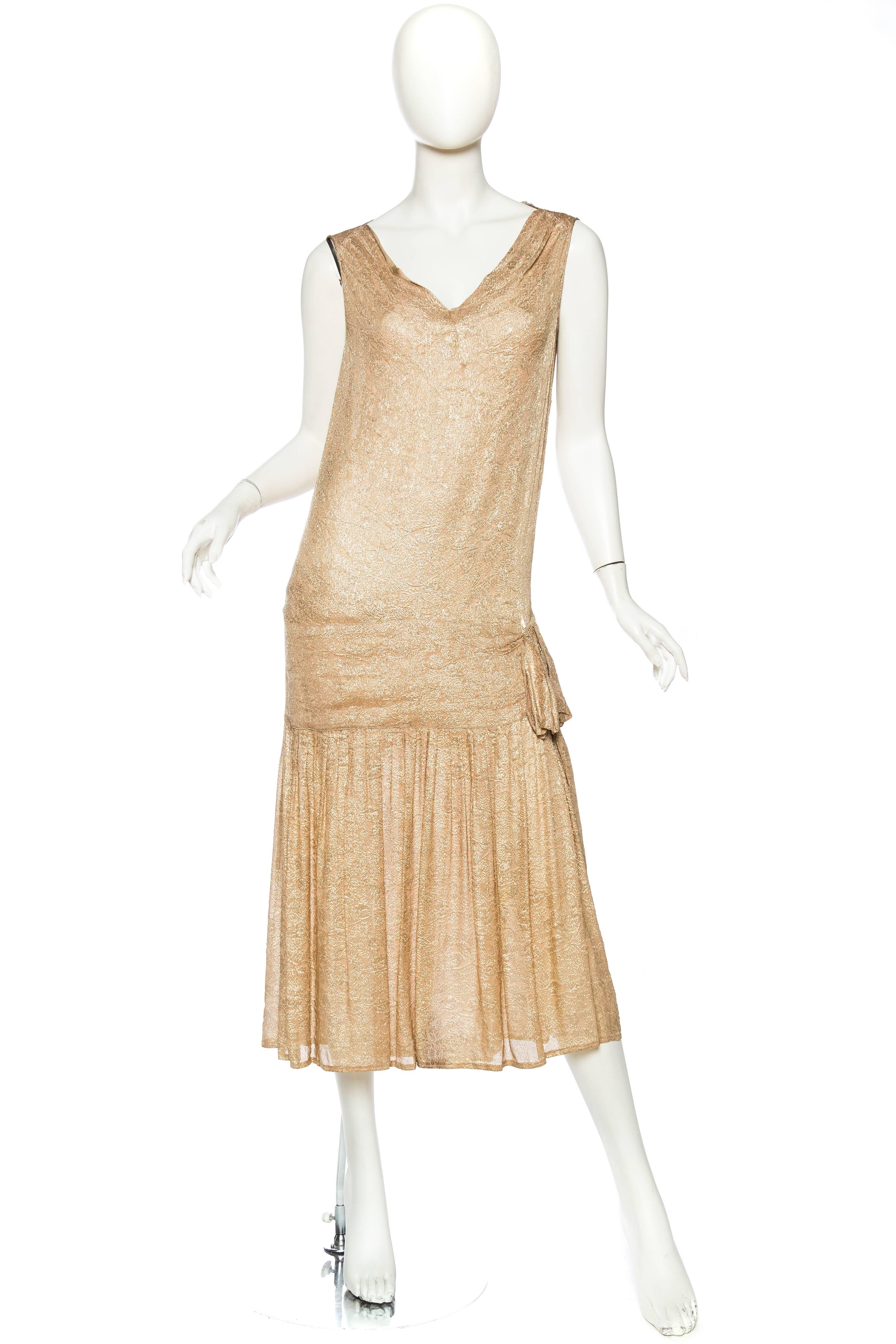 Beige 1920s Blush Pink Silk and Lamé Dress 