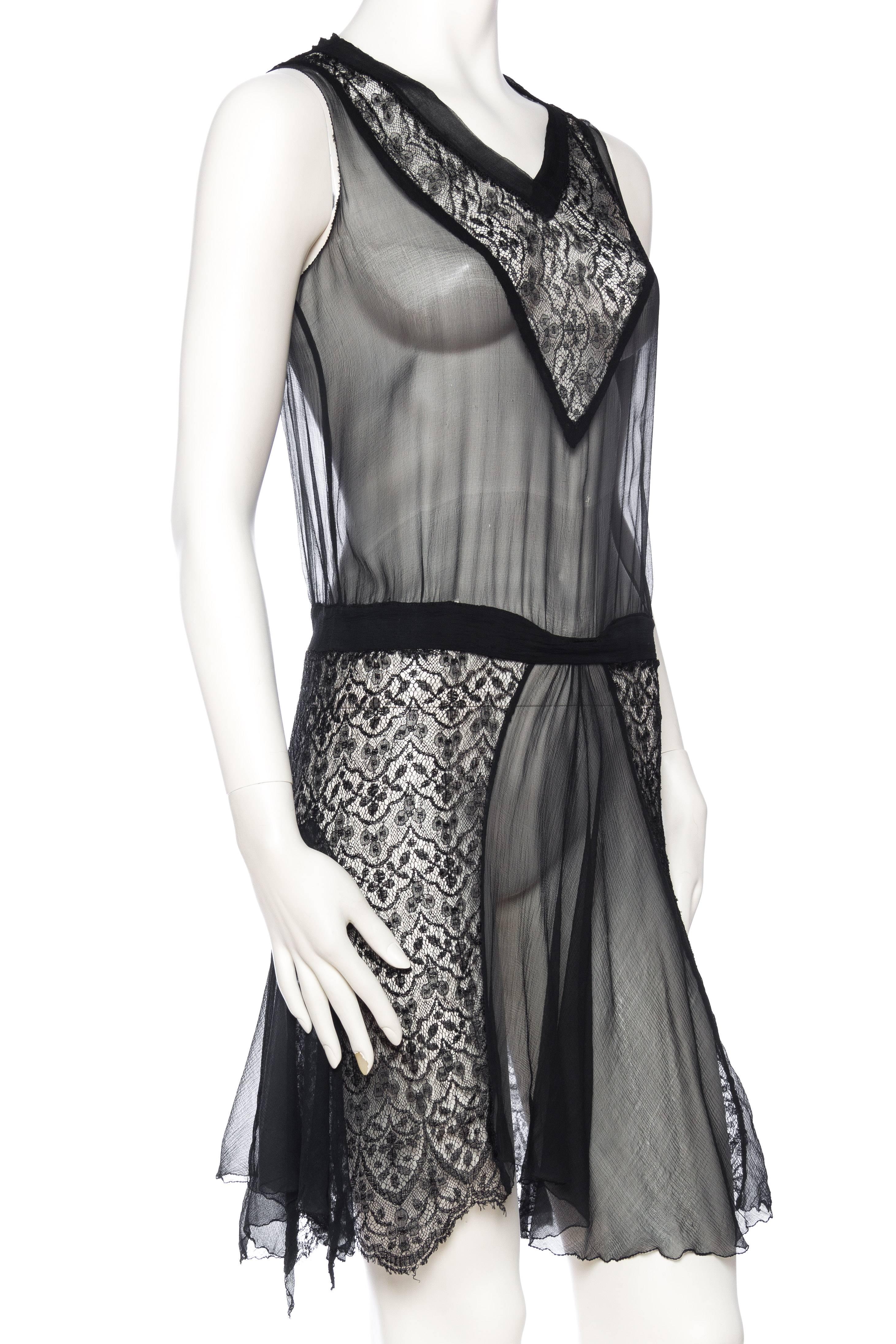 Black 1920s Sheer Chiffon and Lace Dress