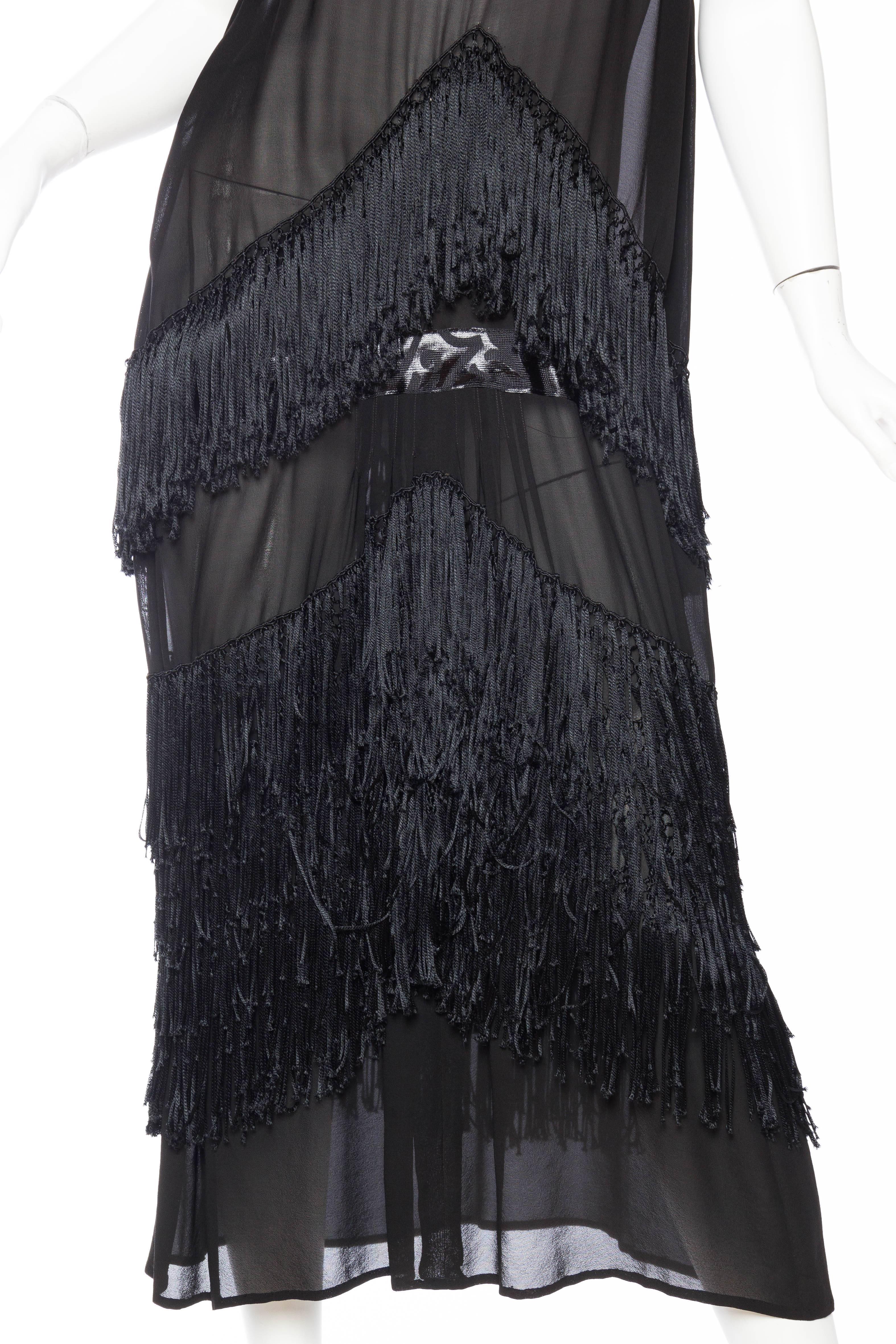 1920S Black Silk Chiffon & Hand Knotted Fringe Flapper Cocktail Dress 2