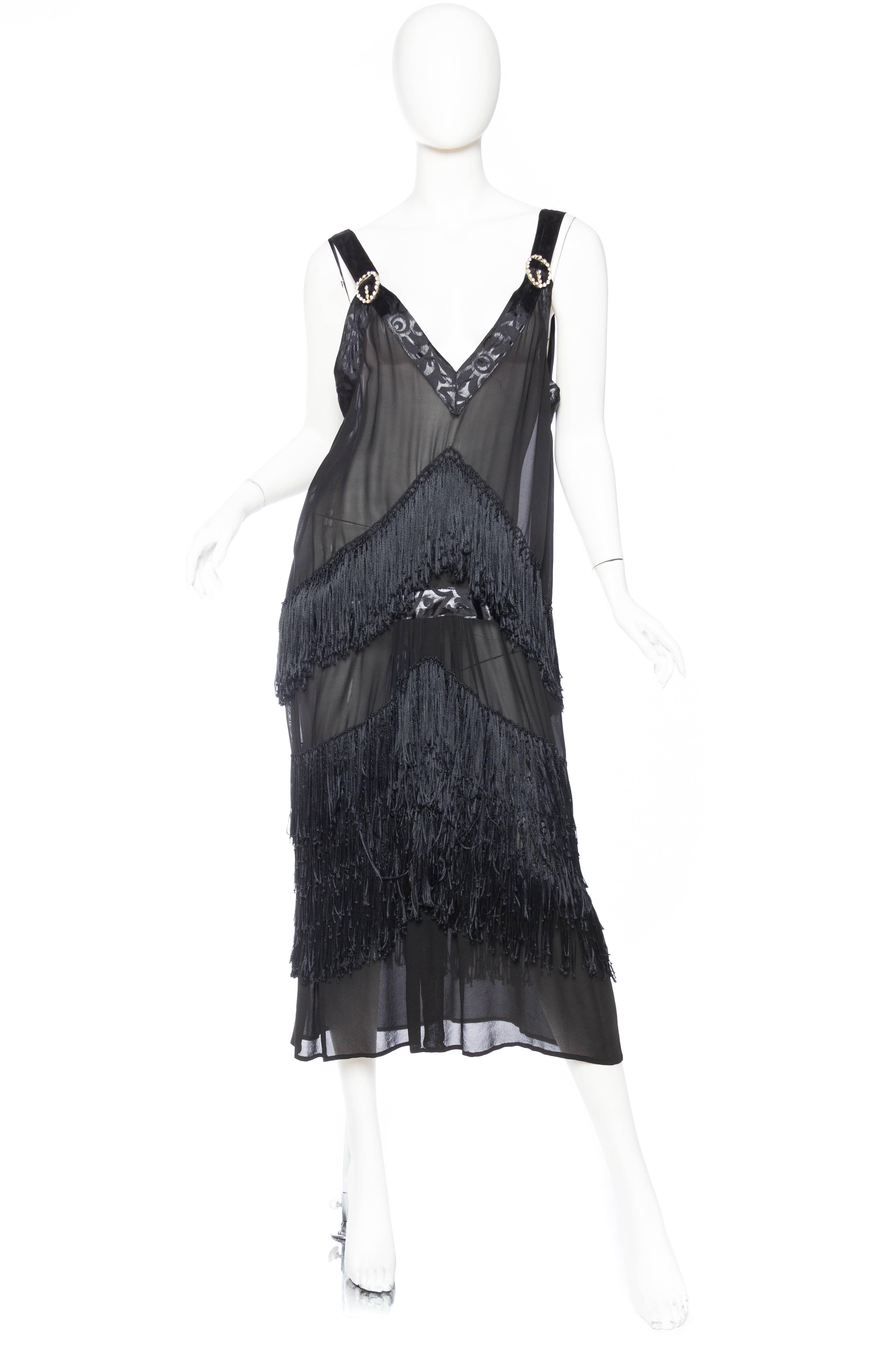 1920S Black Silk Chiffon and Hand Knotted Fringe Flapper Cocktail Dress ...