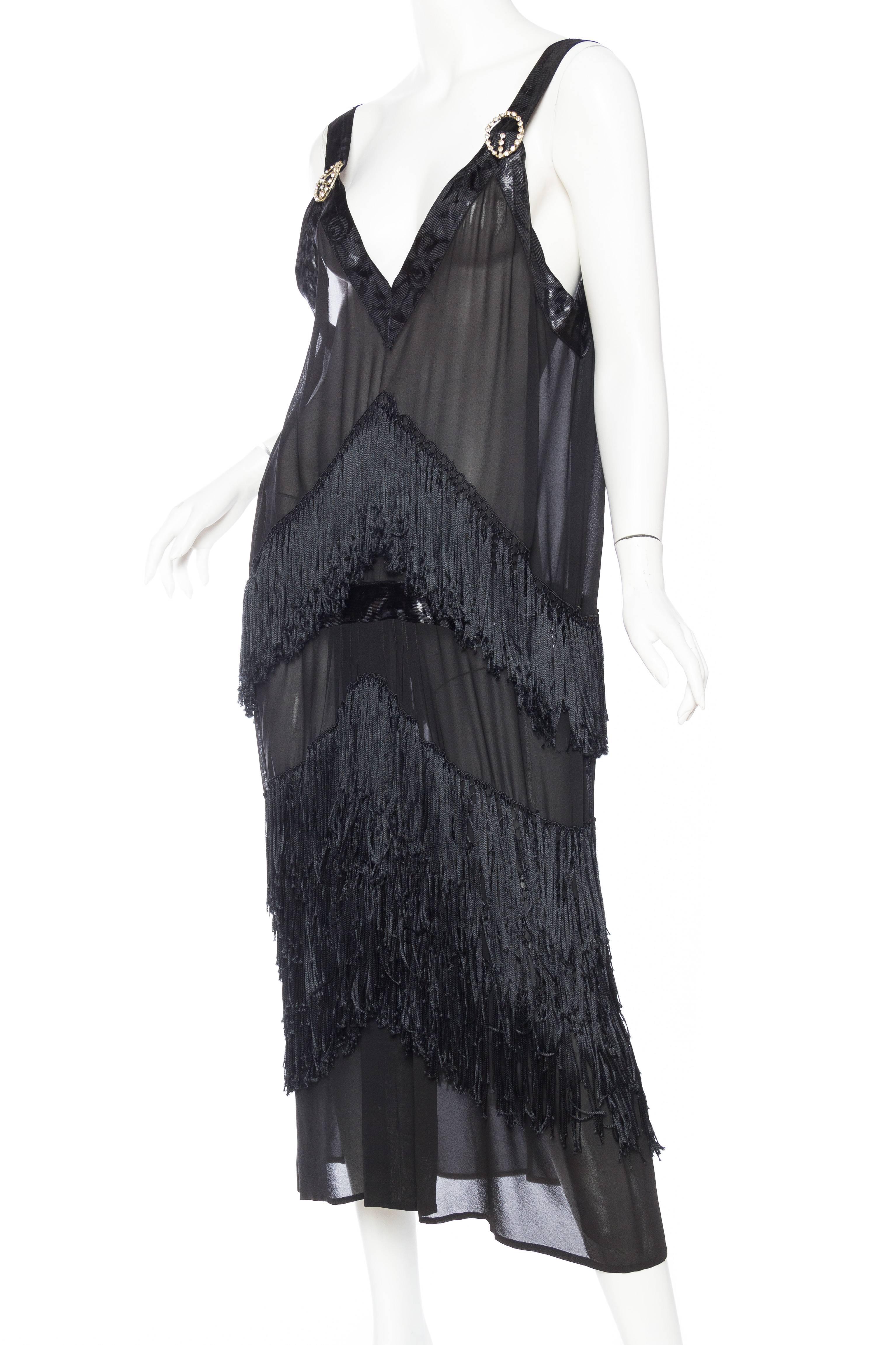 1920S Black Silk Chiffon & Hand Knotted Fringe Flapper Cocktail Dress In Excellent Condition In New York, NY