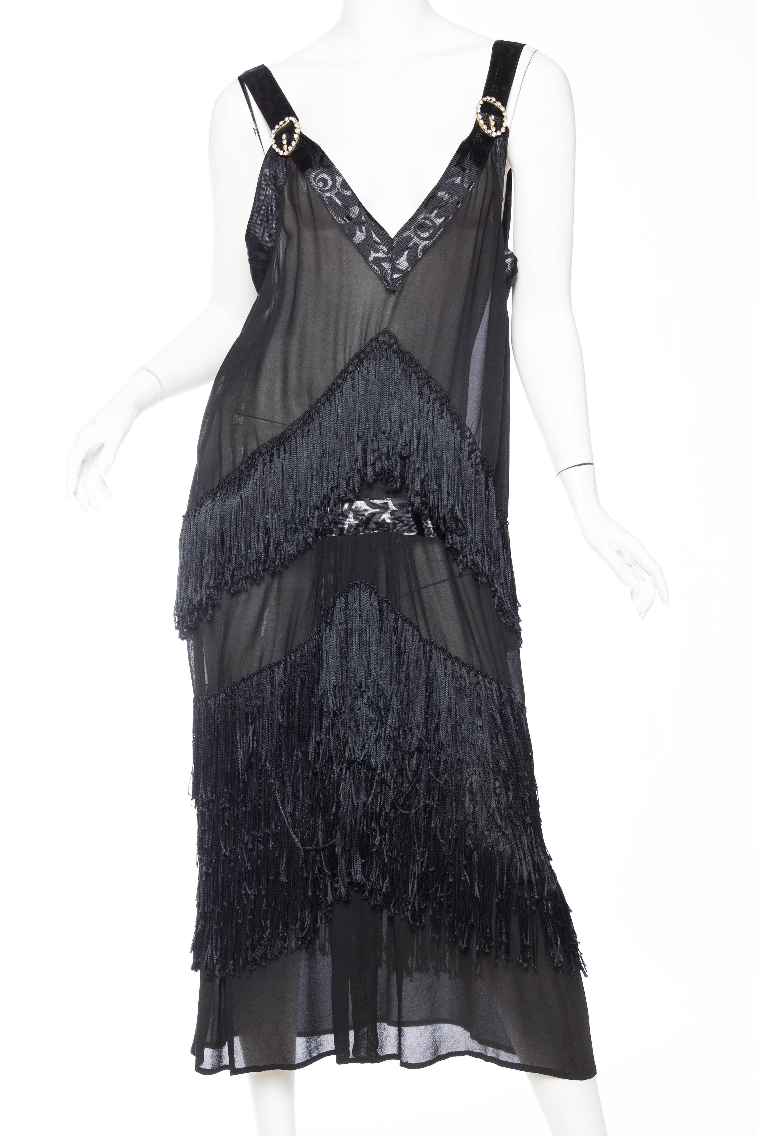 1920S Black Silk Chiffon and Hand Knotted Fringe Flapper Cocktail Dress ...