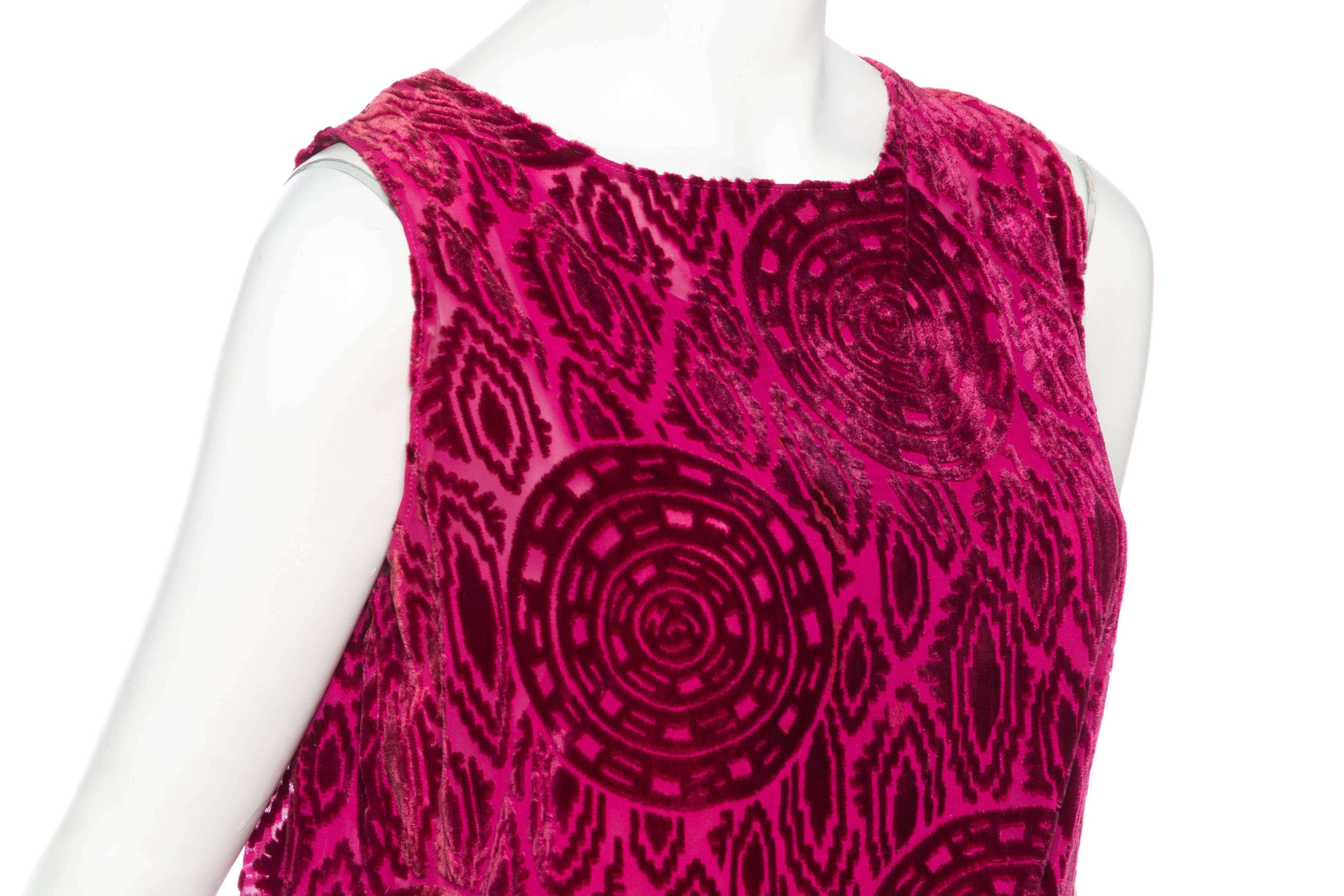 Women's 1920S Hot Pink Burnout Silk Velvet Drop Waist Flapper  Cocktail Dress With Crys For Sale