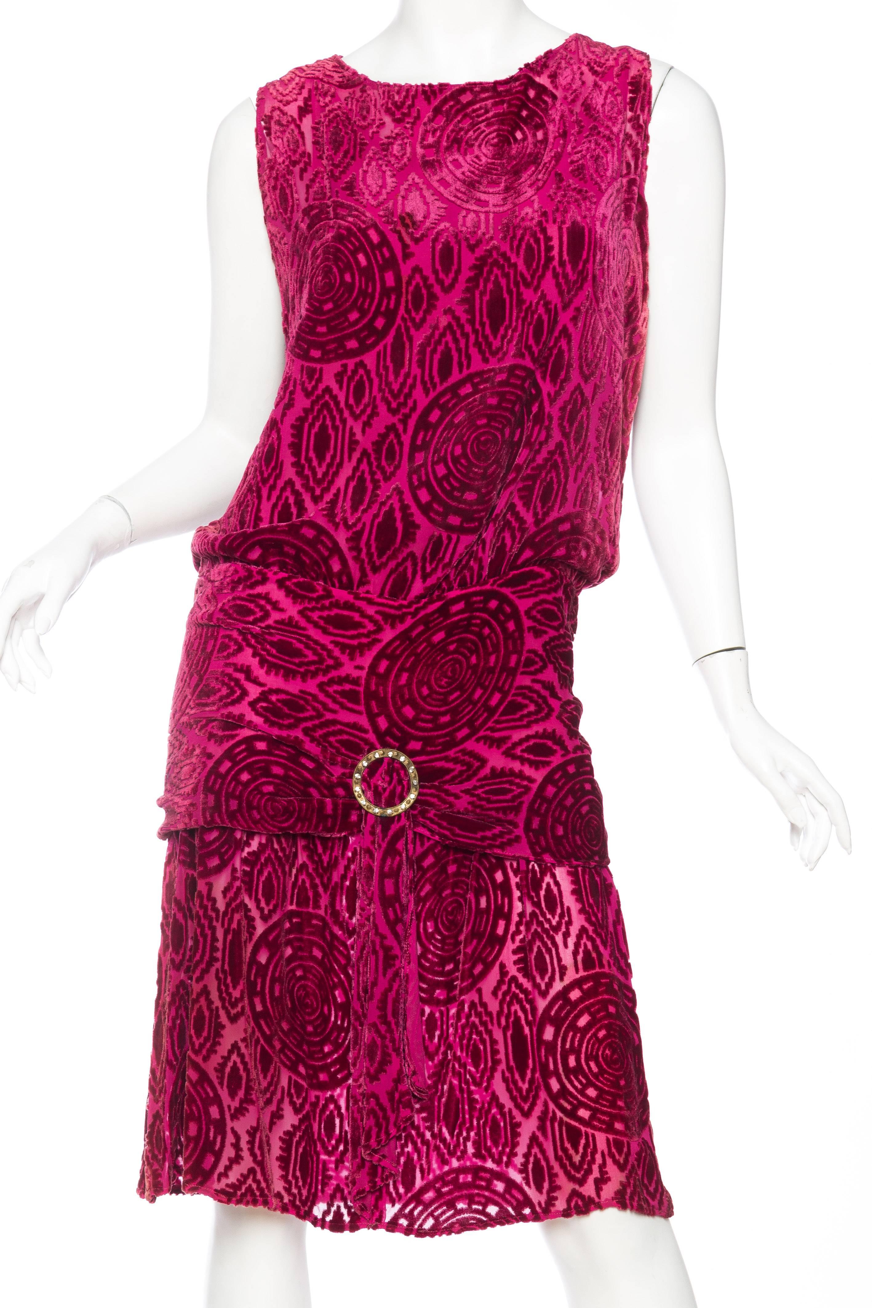 1920S Hot Pink Burnout Silk Velvet Drop Waist Flapper  Cocktail Dress With Crystal Buckle