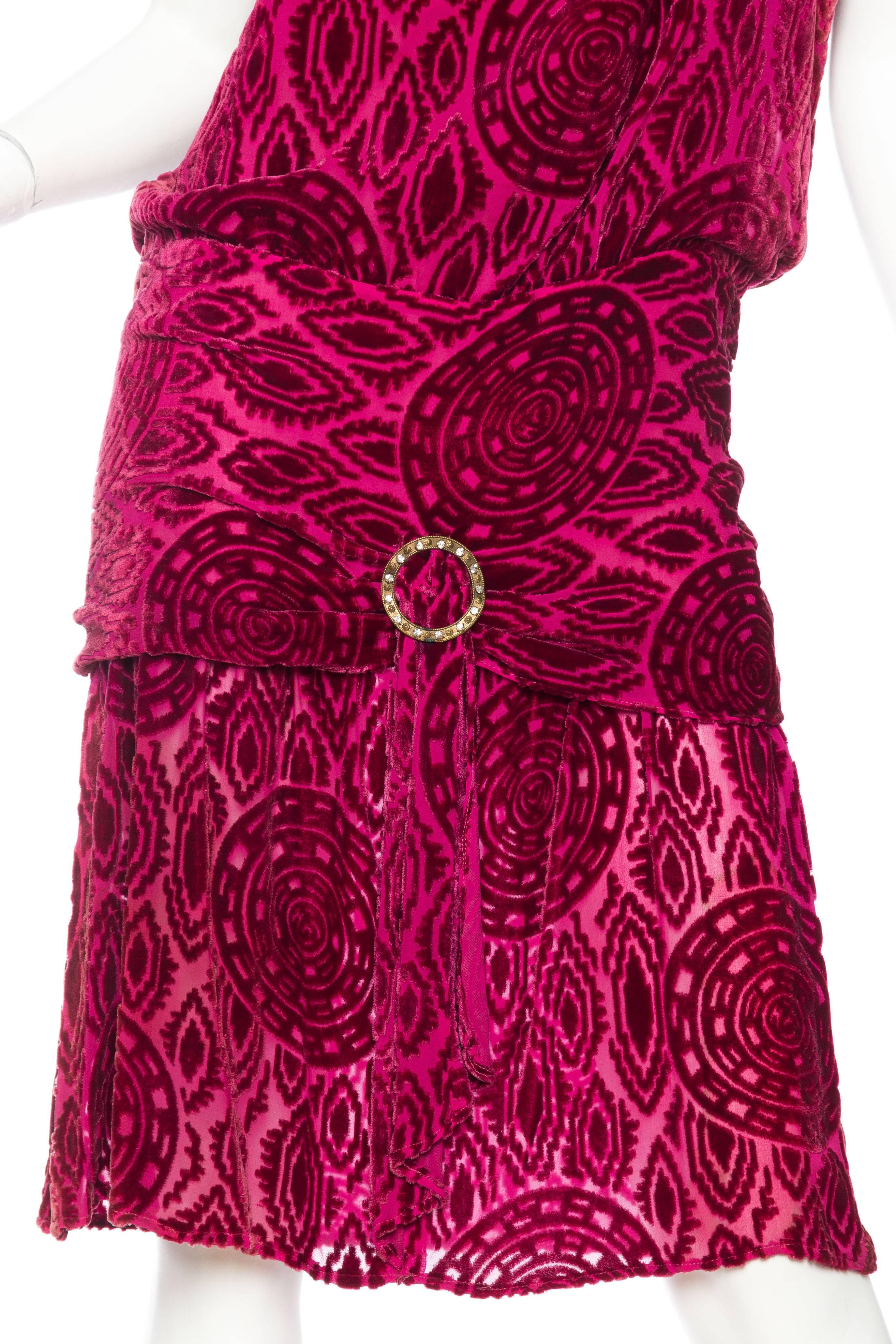1920S Hot Pink Burnout Silk Velvet Drop Waist Flapper  Cocktail Dress With Crys For Sale 1