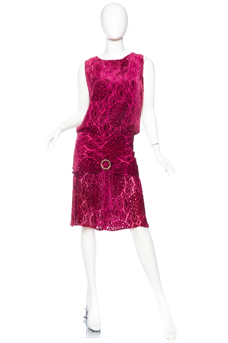 1920s Hot Pink Burnout Silk Velvet Drop Waist Flapper Cocktail Dress With Crys