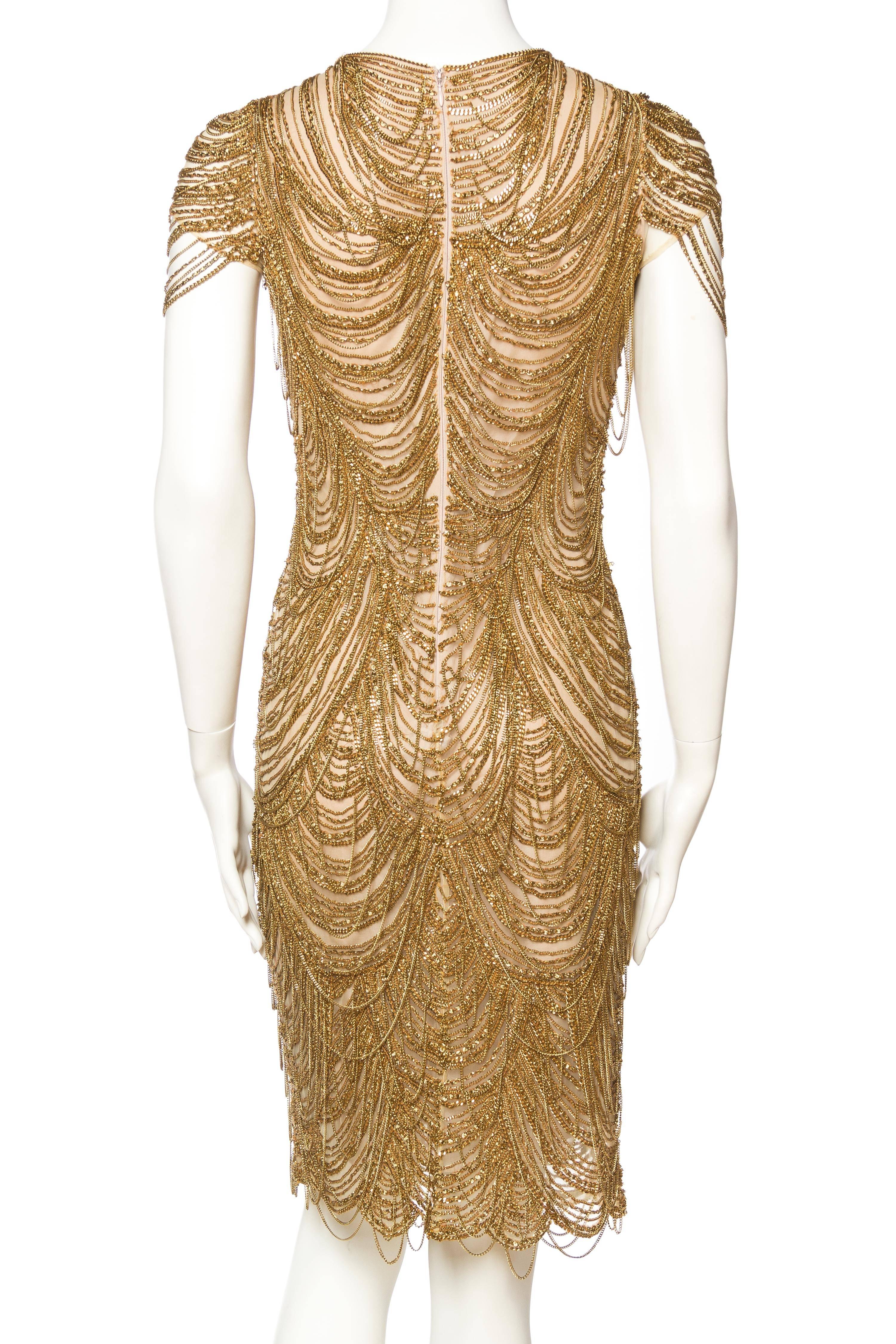 Brown Naeem Khan Nude Dress Dripping in Gold Chains For Sale