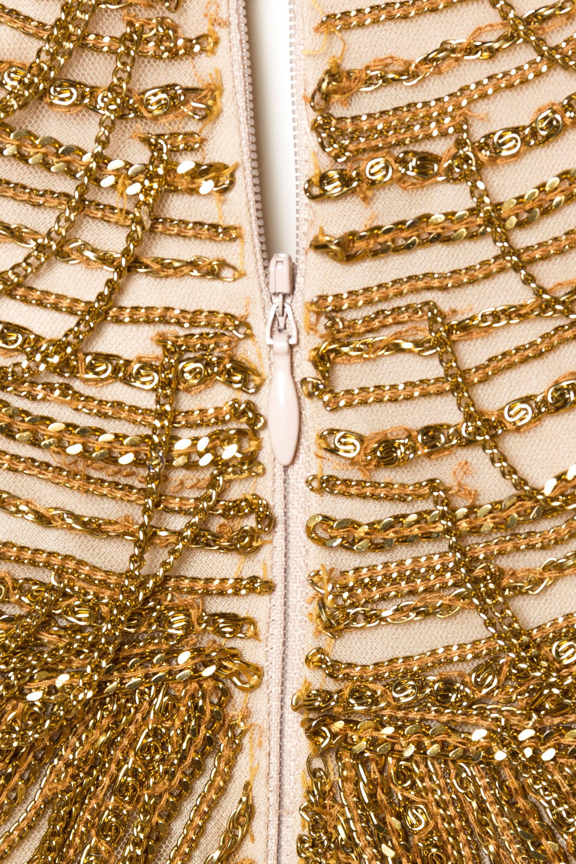 Naeem Khan Nude Dress Dripping in Gold Chains For Sale 1