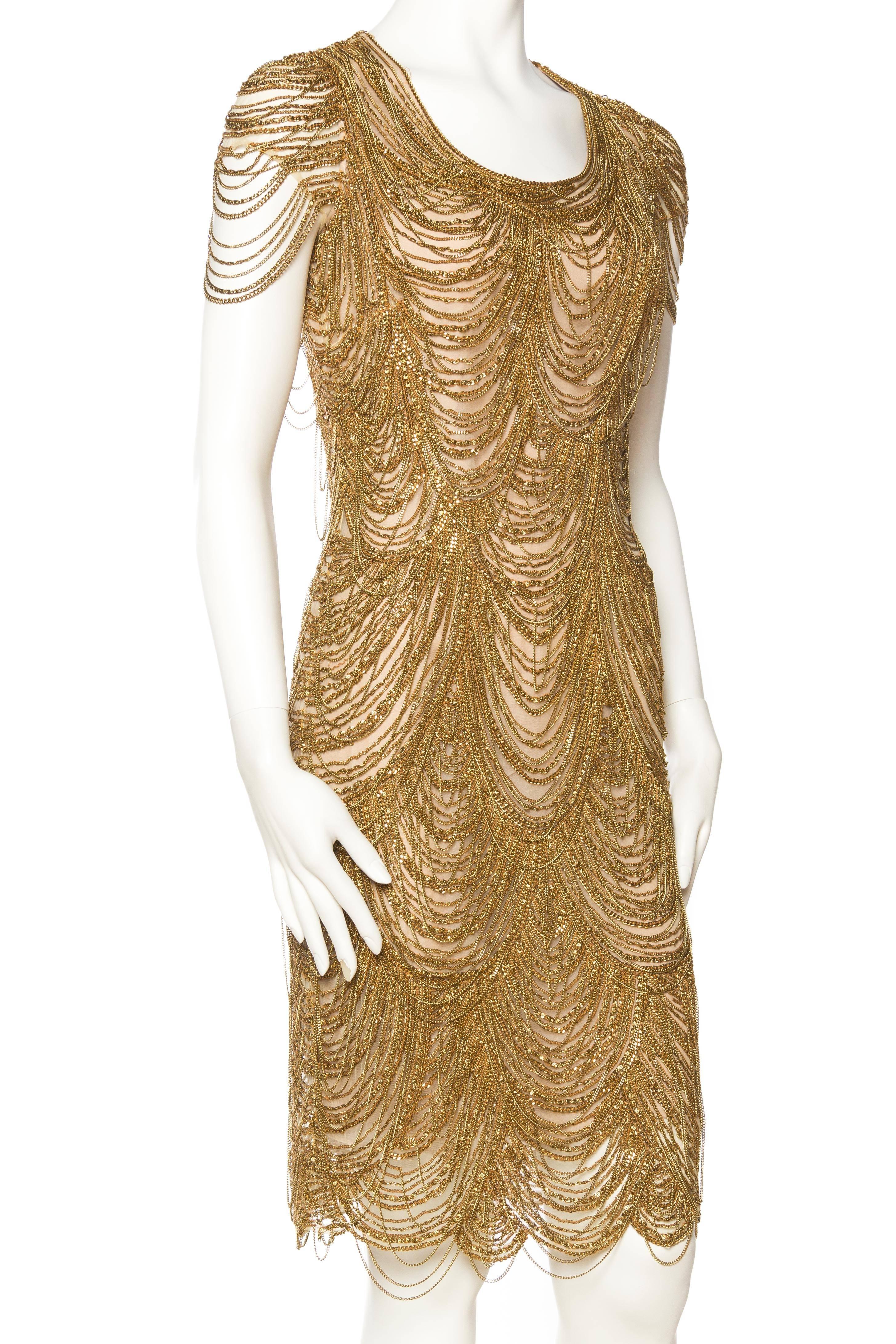 Naeem Khan Nude Dress Dripping in Gold Chains For Sale at 1stDibs