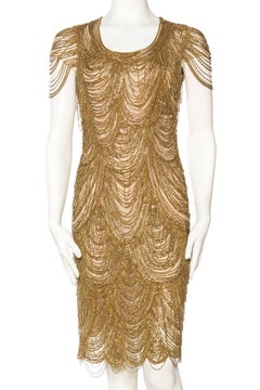 Naeem Khan Nude Dress Dripping in Gold Chains