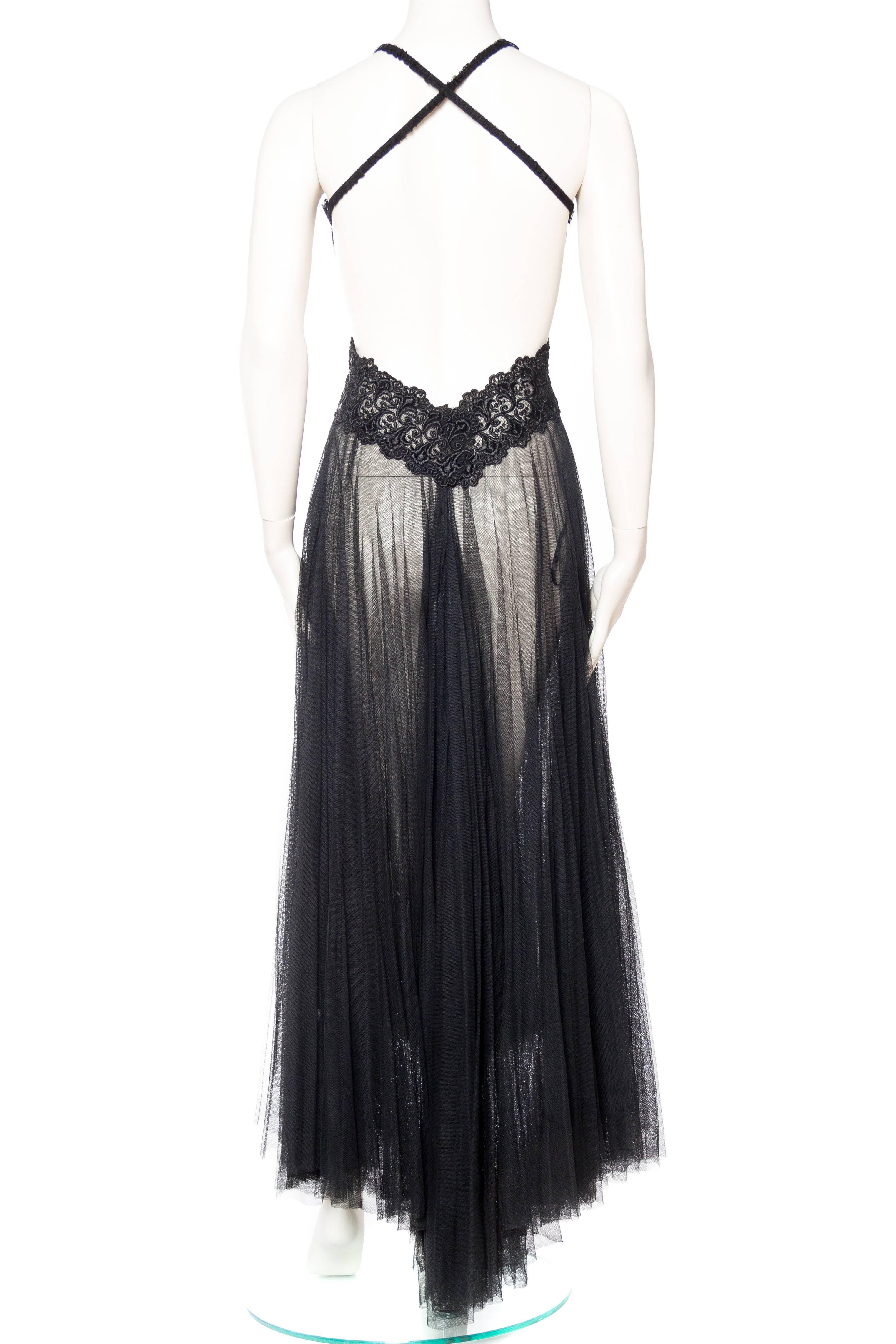 Women's Sheer Net & Antique Lace Backless Gown 