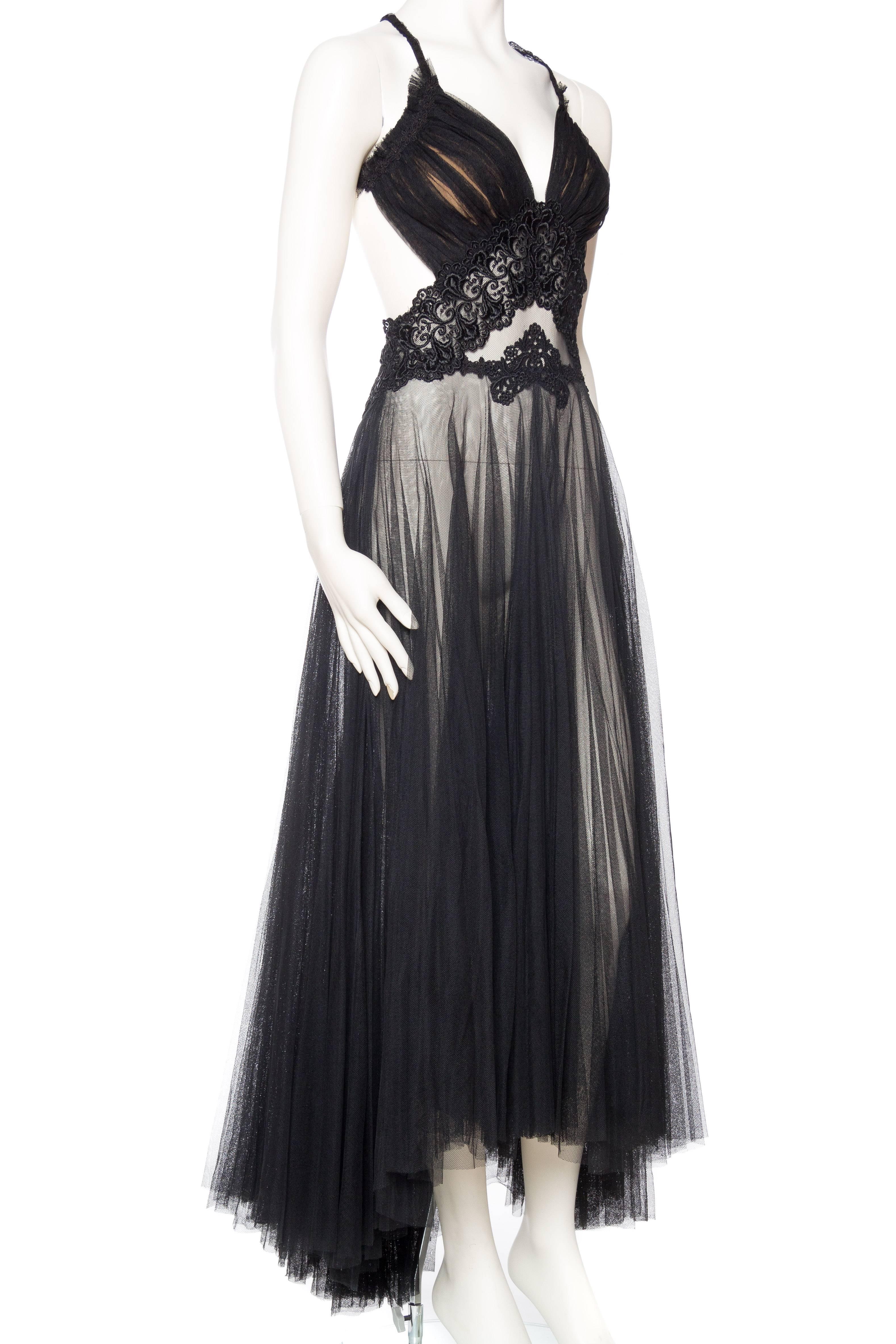 Black Sheer Net & Antique Lace Backless Gown 