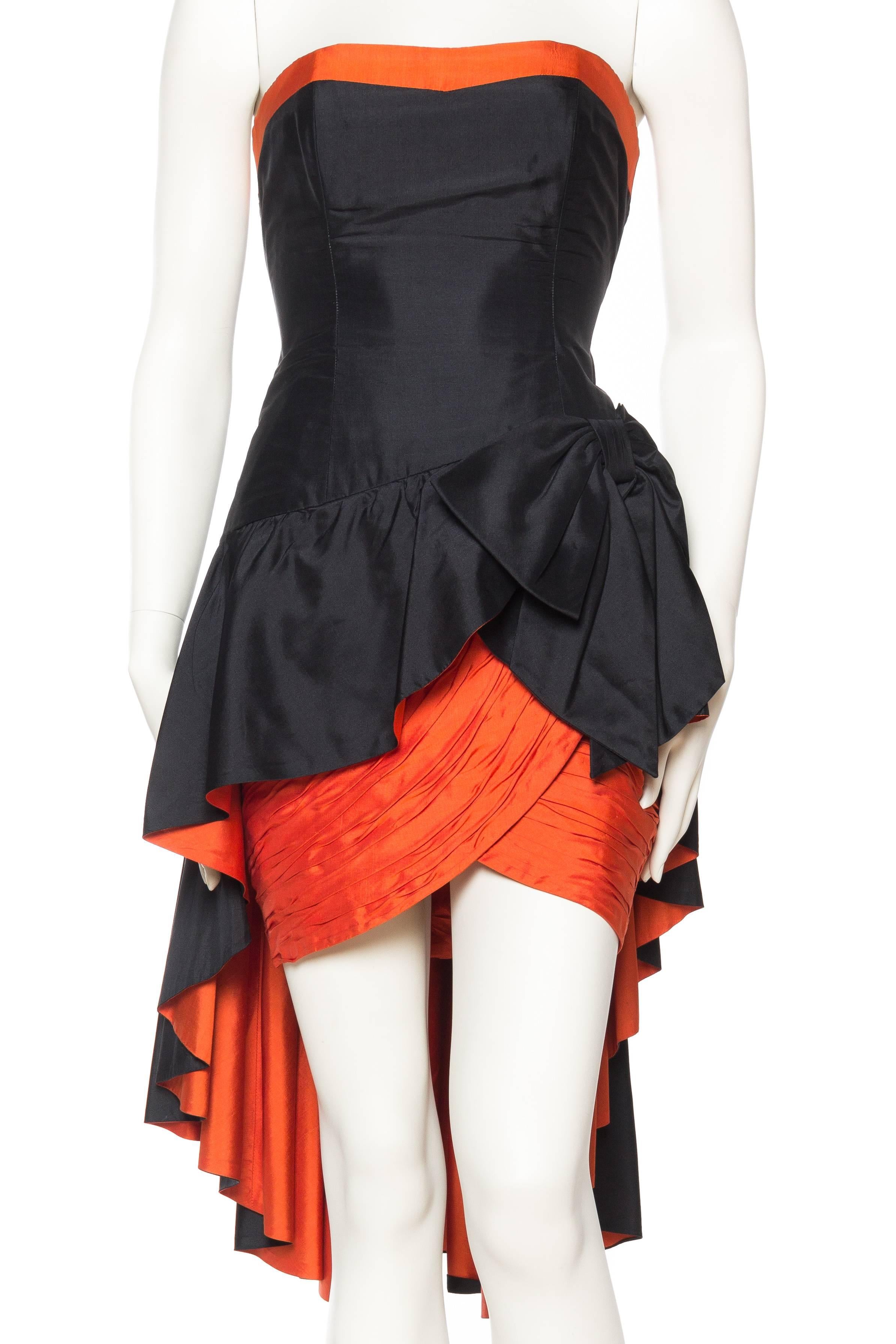 1980S SCAASI  Black & Orange Haute Couture Silk Taffeta Strapless Mini Cocktail Dress With Peplum Over Skirt