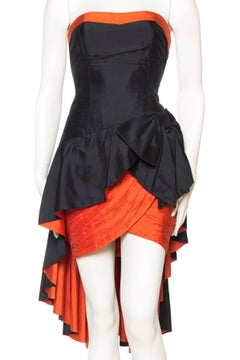 1980S SCAASI  Mini cocktail senza spalline in taffetà di seta nera e arancione di Haute Couture
