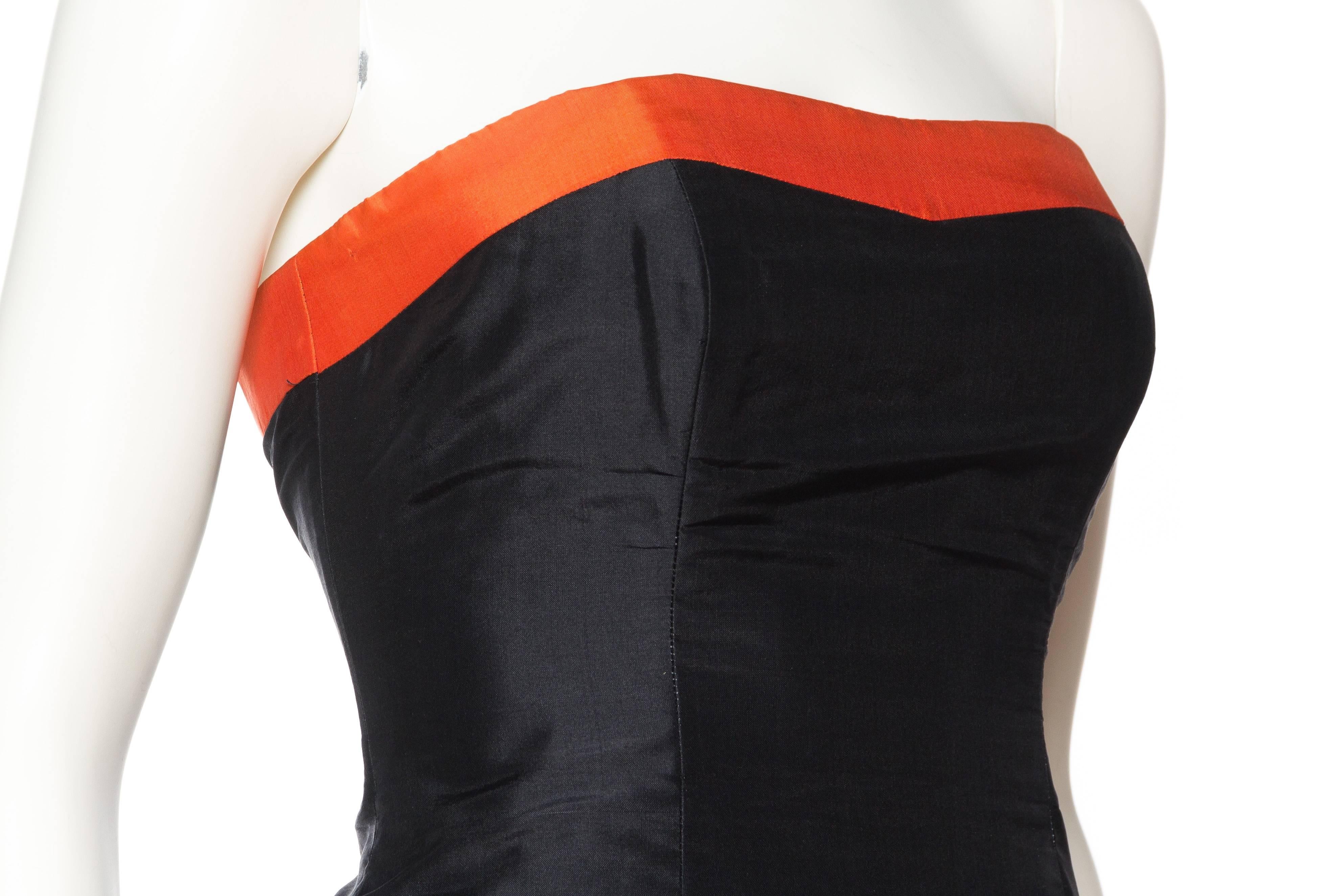 1980S SCAASI  Black & Orange Haute Couture Silk Taffeta Strapless Mini Cocktail 3