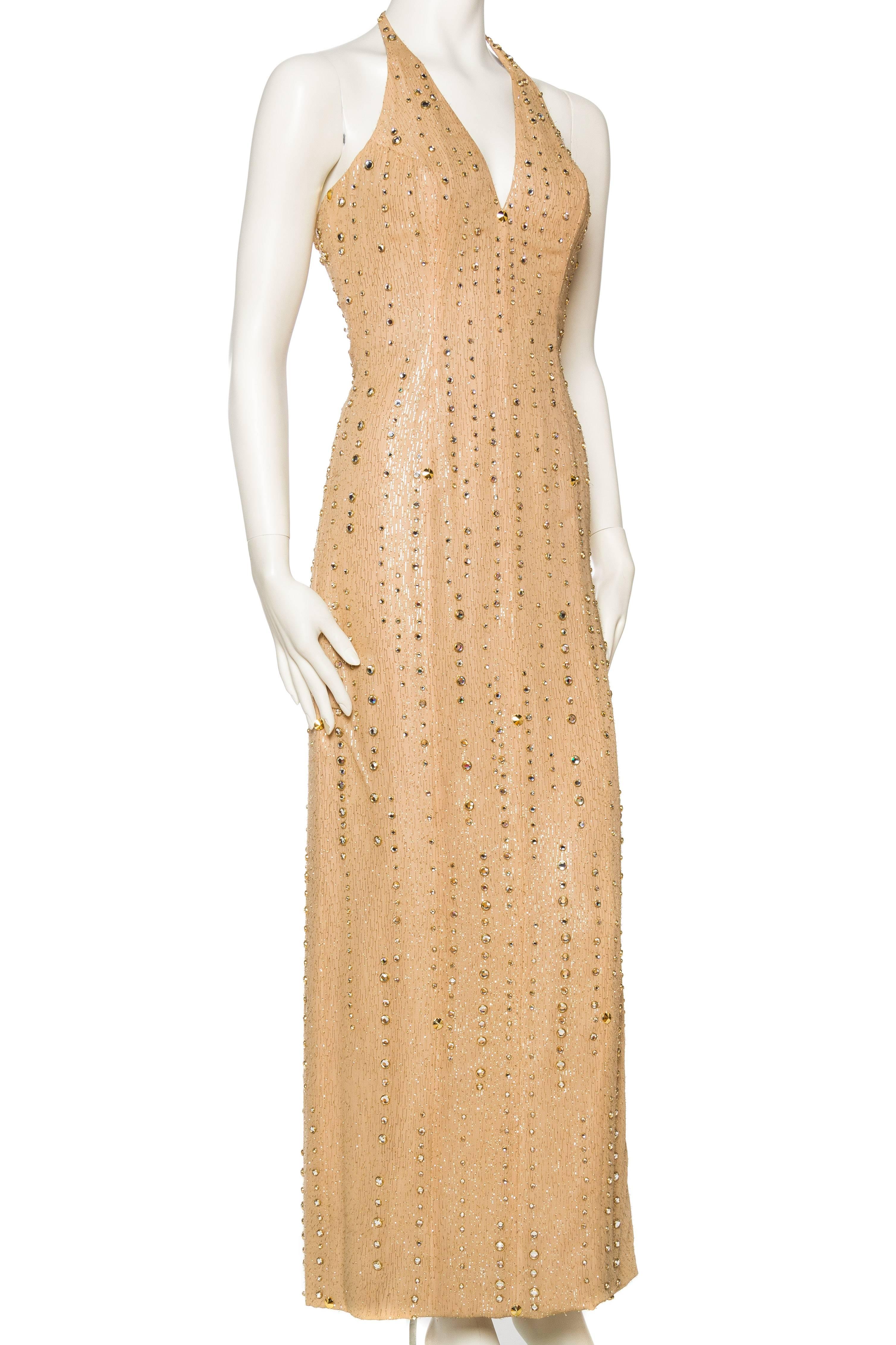 Women's 1970s Nude & Gold Halter Gown with Studs and Crystals